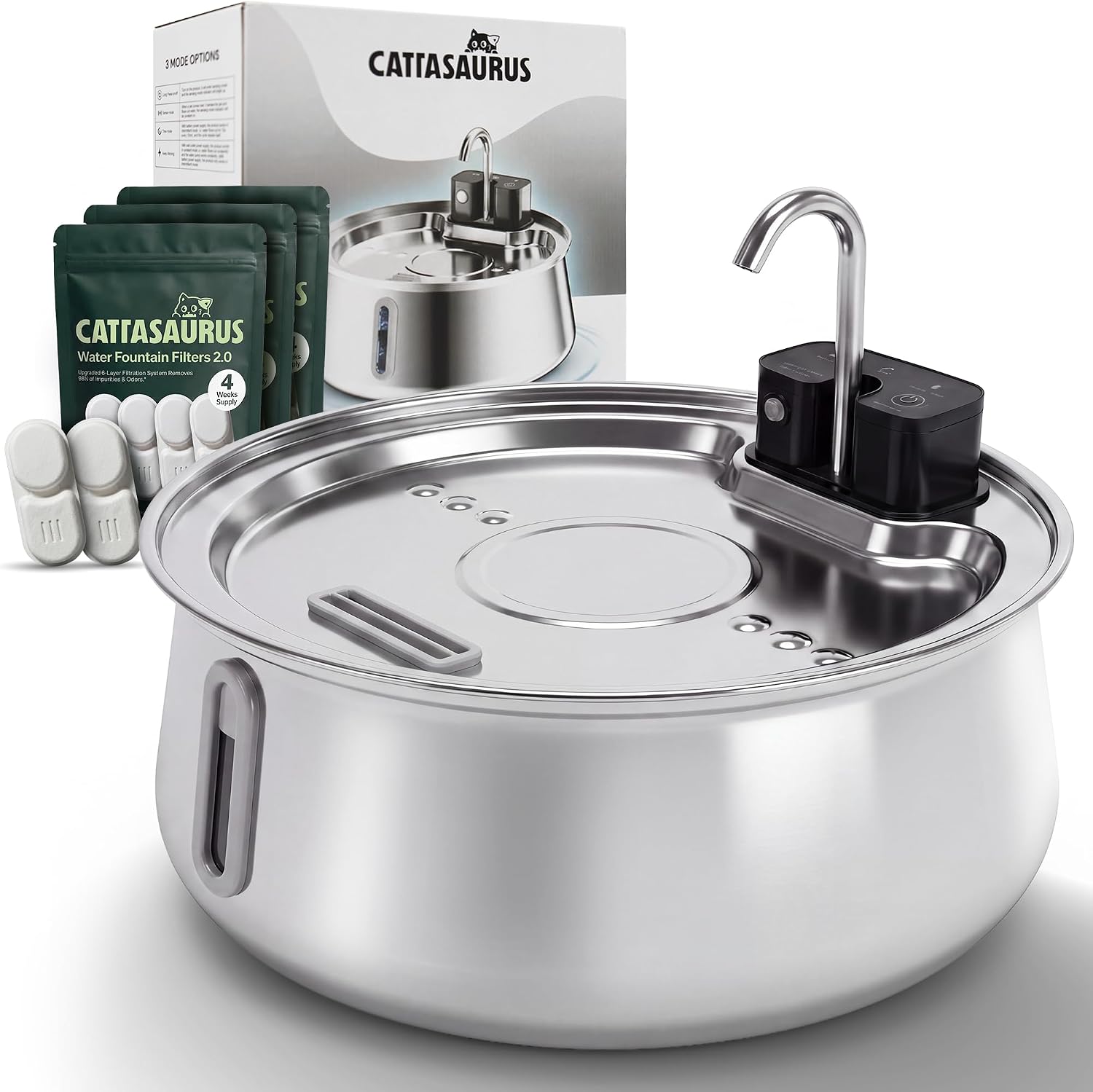 Cattasaurus Wireless 304 Stainless Steel Cat Water Fountain with Filtration, Automatic Water Dispenser for Cats, 135oz Large Capacity, Dishwasher Safe (Silvery, Fountain + 14 Filters (3-Month Supply))