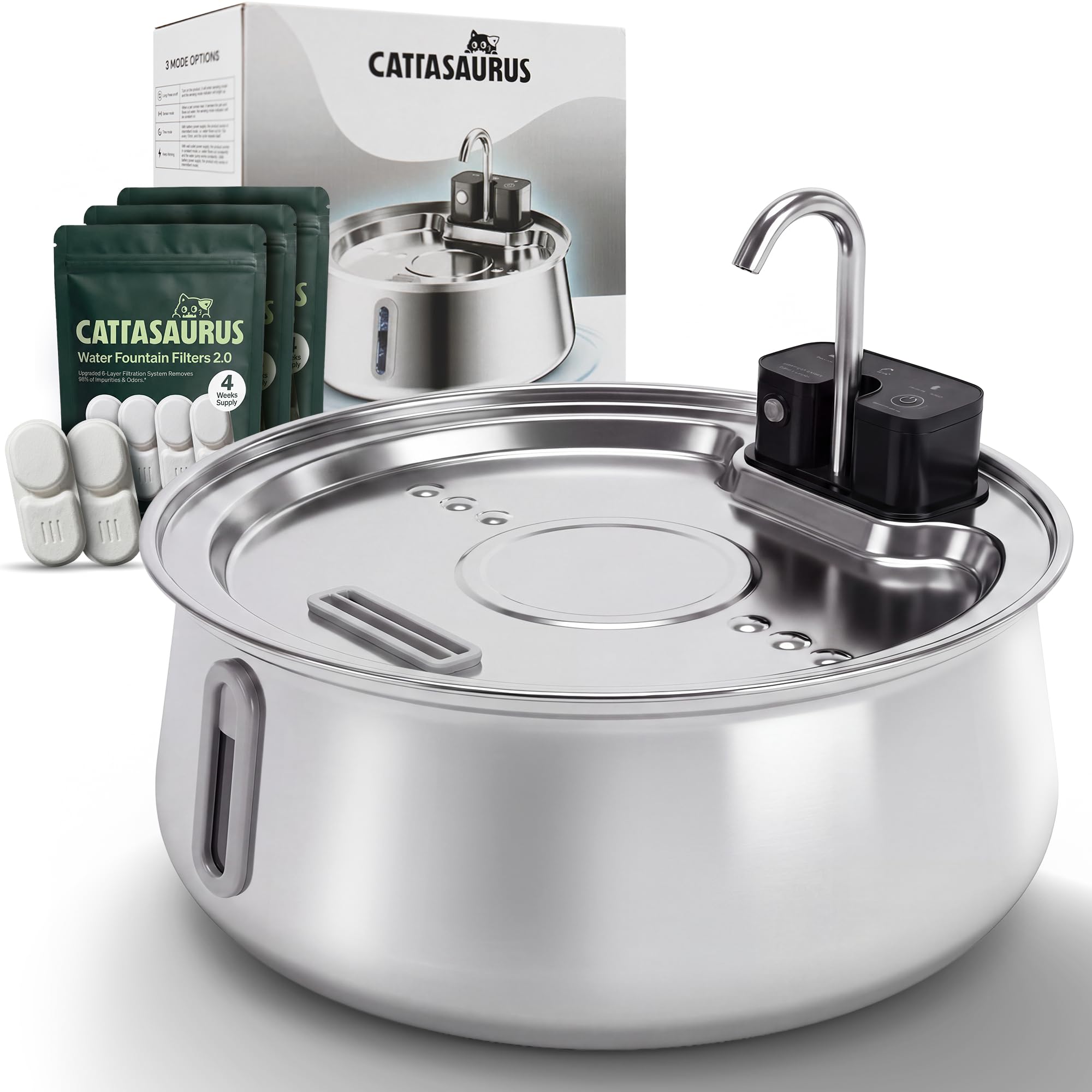 Cattasaurus Wireless 304 Stainless Steel Cat Water Fountain with Filtration, Automatic Water Dispenser for Cats, 135oz Large Capacity, Dishwasher Safe (Silvery, Fountain + 14 Filters (3-Month Supply))