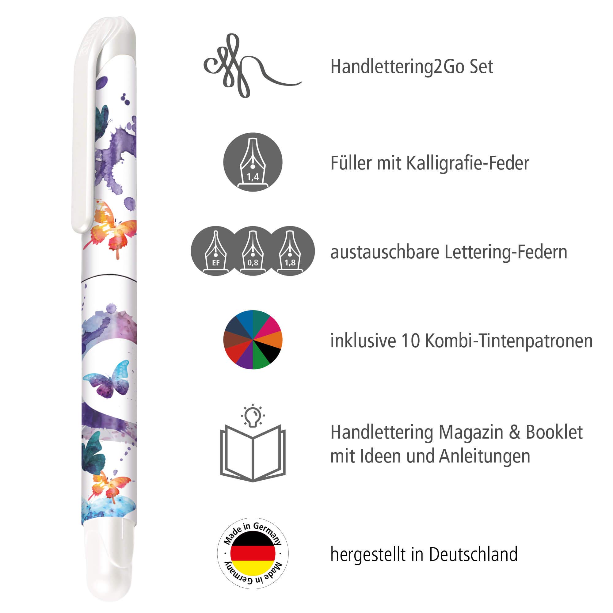 Online Handlettering 2 Go Schönschreib-Set Sketchy, inkl. 1,4 mm Kalligraphie Füller, drei Federstärken, 10x bunte Kombi-Patronen, inkl. Booklet mit Übungen