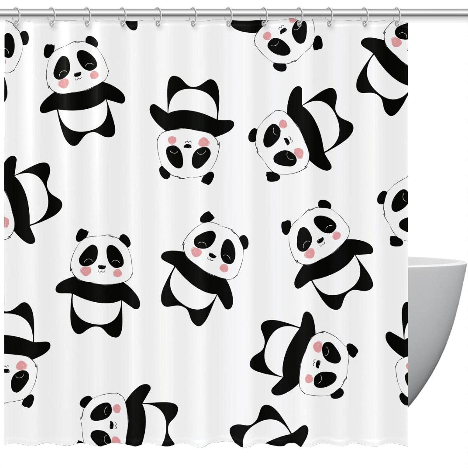 Rideau de douche imperméable panda noir et blanc 168x183 cm avec 12 crochets