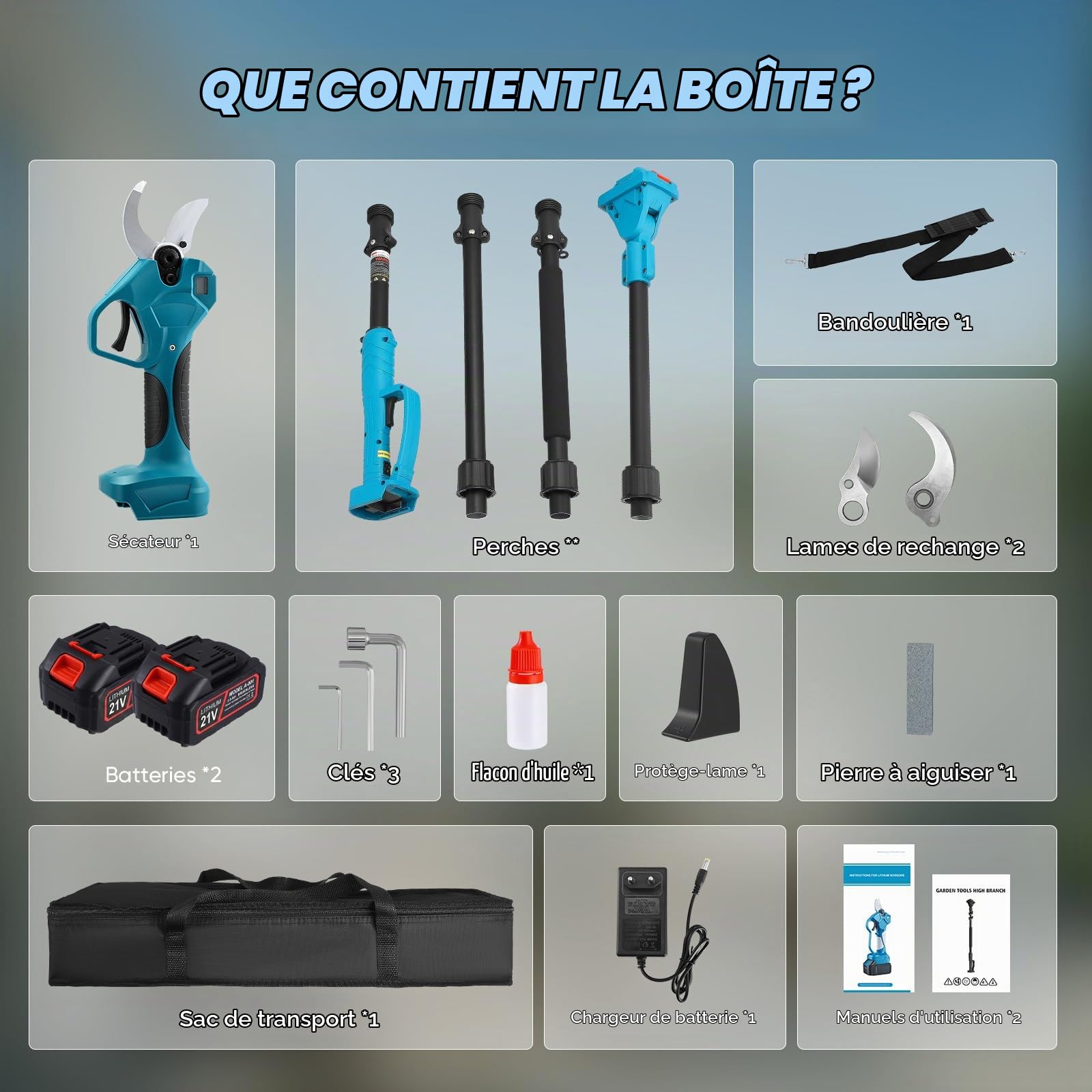 Élagueuse sur perche sans fil 2-en-1 | Perche télescopique de 2,3 m | Écran LCD | 2 batteries 21 V 3,0 Ah | Diamètre de coupe de 40 mm | Compatible Makita | Élagueuse sans fil (2 IN 1)