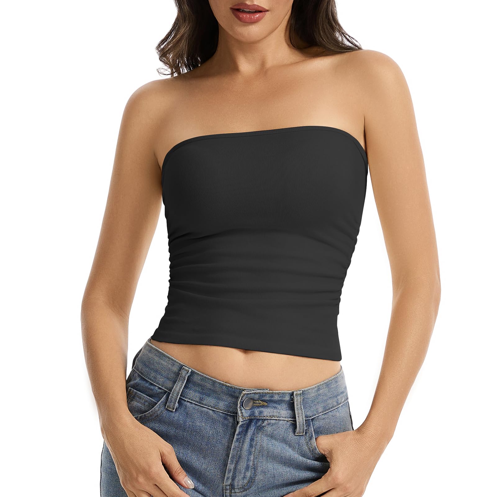 Top Bandeau para mujer, sin tirantes, corte ajustado, sin mangas, de una sola capa, básica, cómoda y ligera