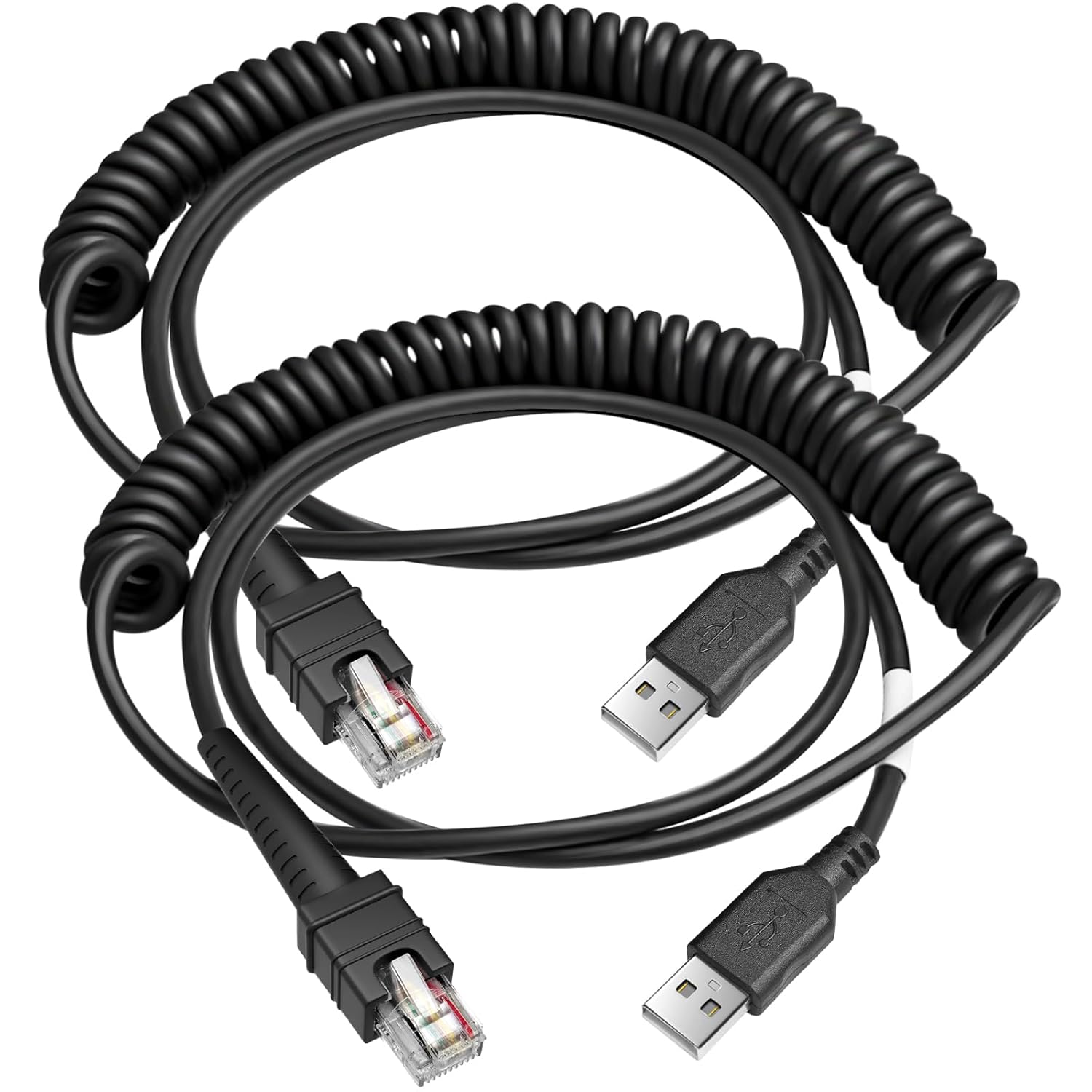 WUHAO 2-Pack 9.8FT Shielded USB Coiled Cable for Zebra Symbol DS3608 DS3678 LI3608 LI3678 Handheld Barcode Scanner CBA-3600-UNC3 RJ48 to USB-A