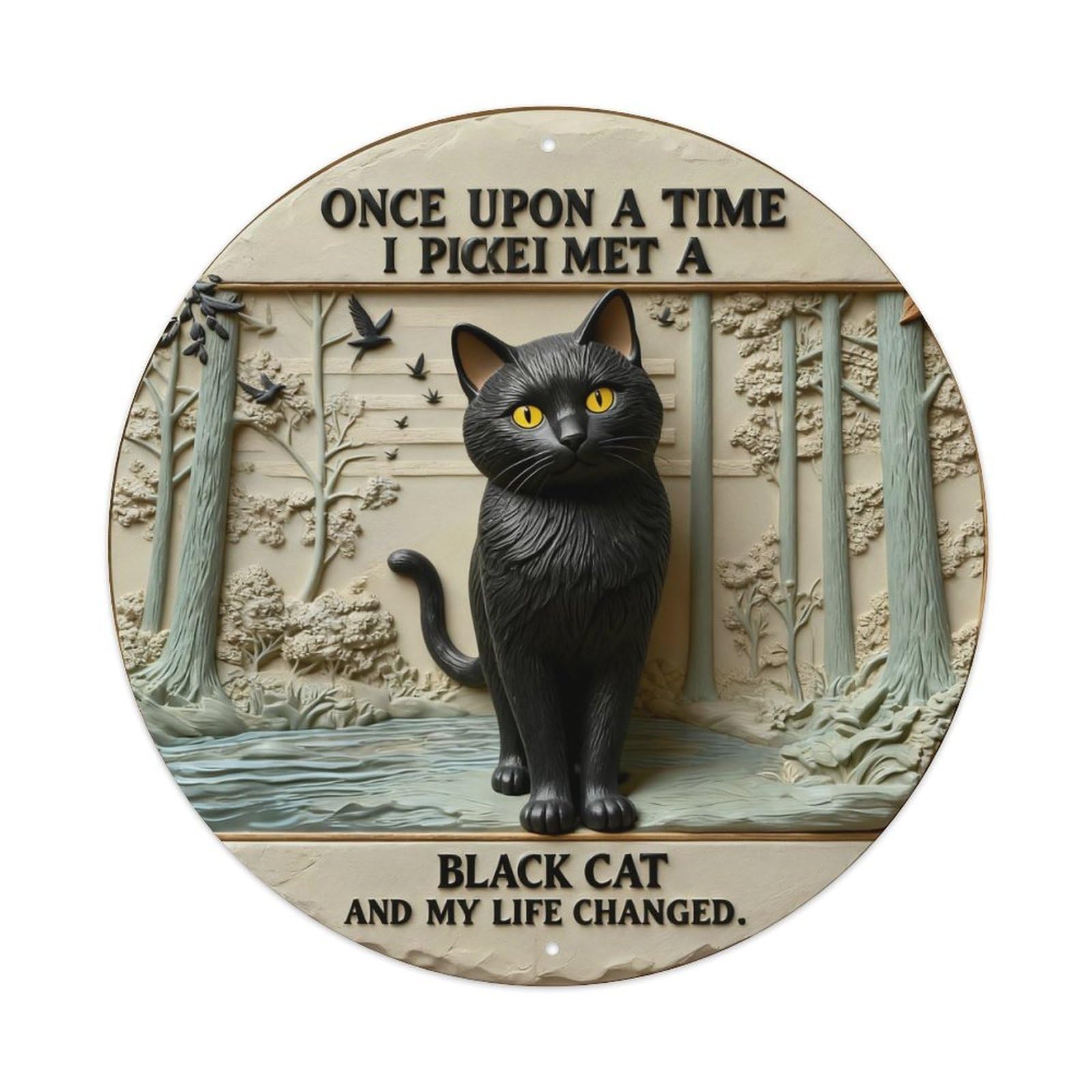 Black Cat Forest Scene With Text Round Metal Tin Sign Vintage Wall Decor, Bar Garage Cafe Kitchen Home Wall Art Poster 8x8inches