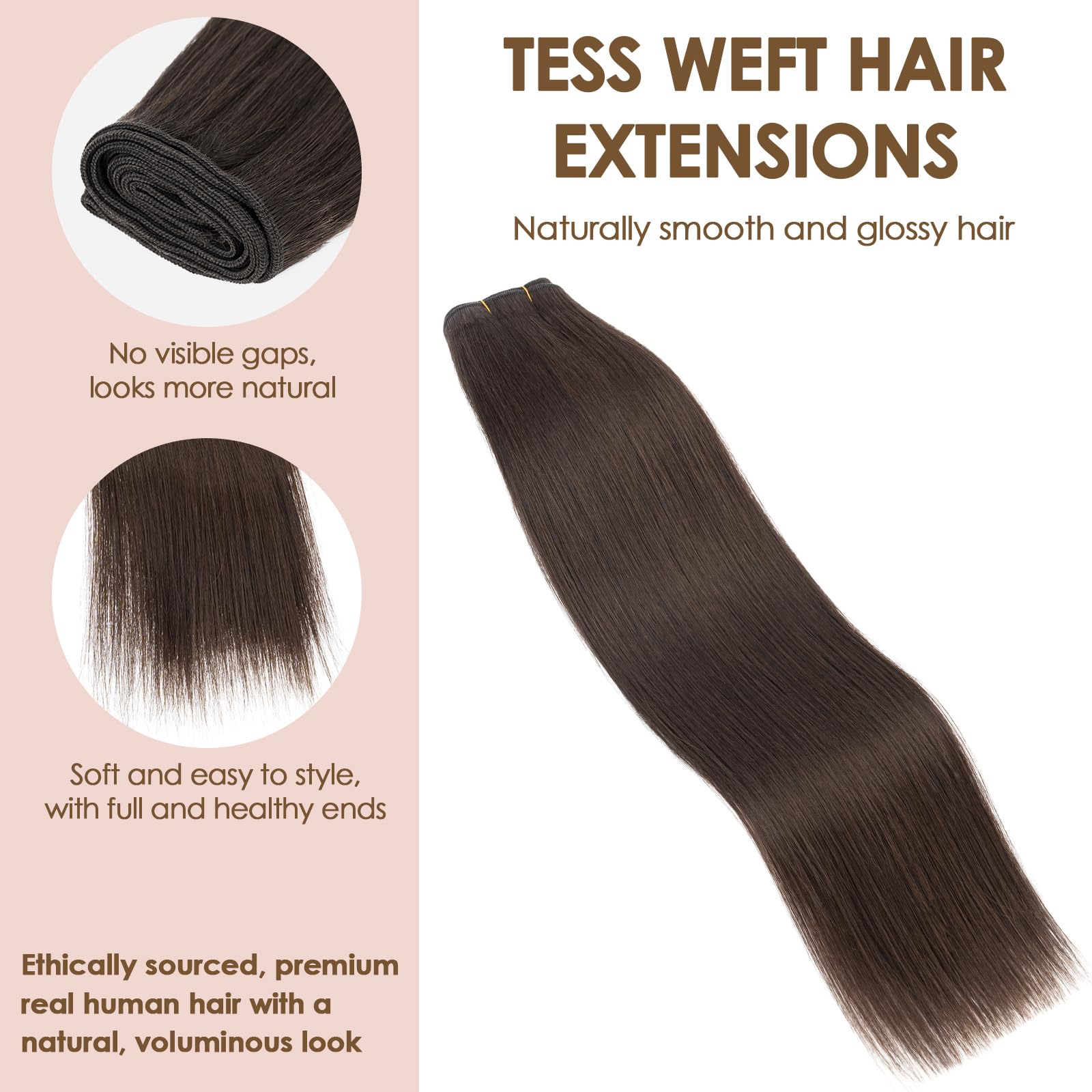TESS Tressen Echthaar Dunkelbraun 100g, Weft Extensions Echthaar, Remy Haar zum Einnähen Sew in Hair Extensions Haarverlängerung 70cm