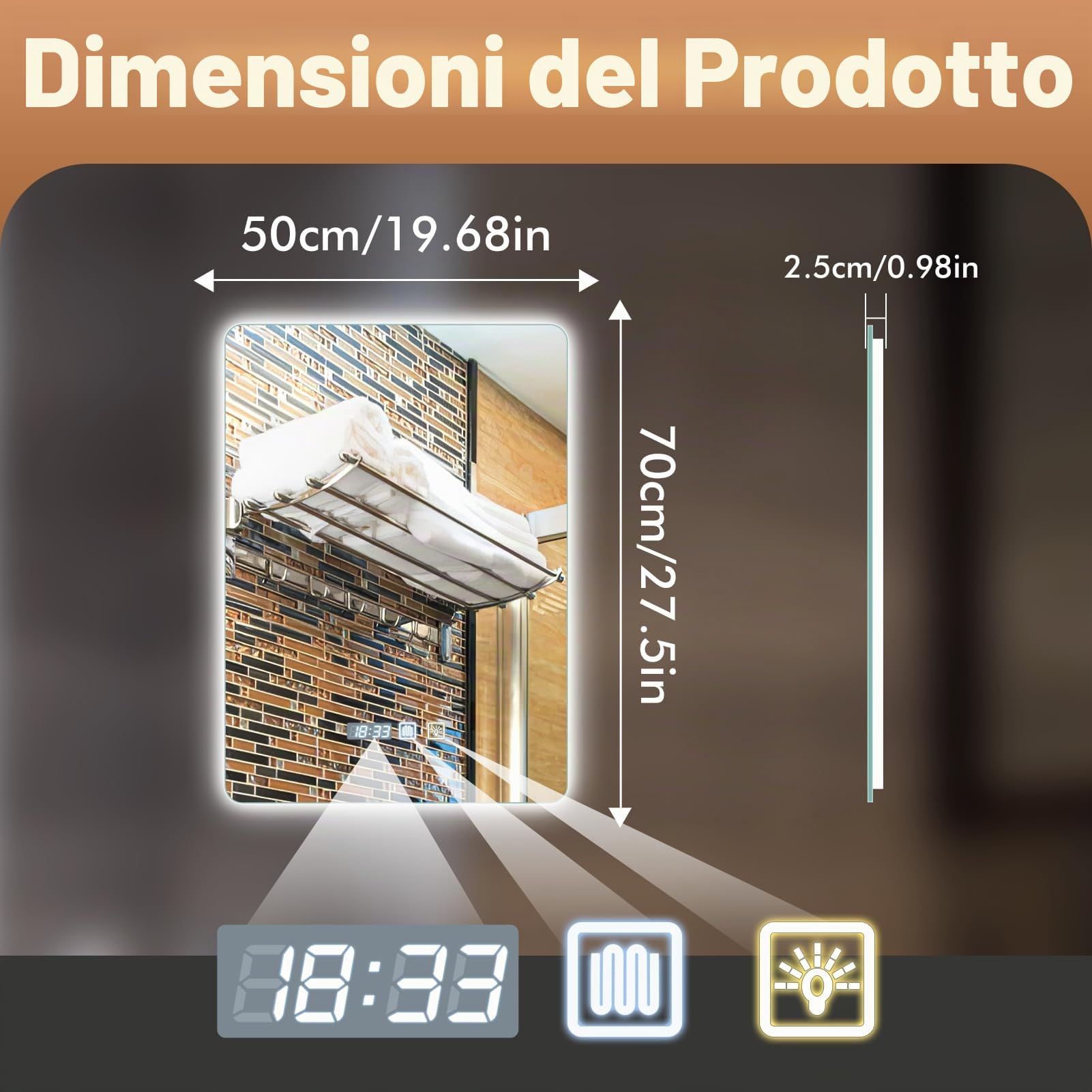 Specchio Bagno con Luce, quadrato 50×70cm e doppio interruttore touch, antiappannamento, luce dimmerabile a 3 colori, specchio demister con retroilluminazione per bagno