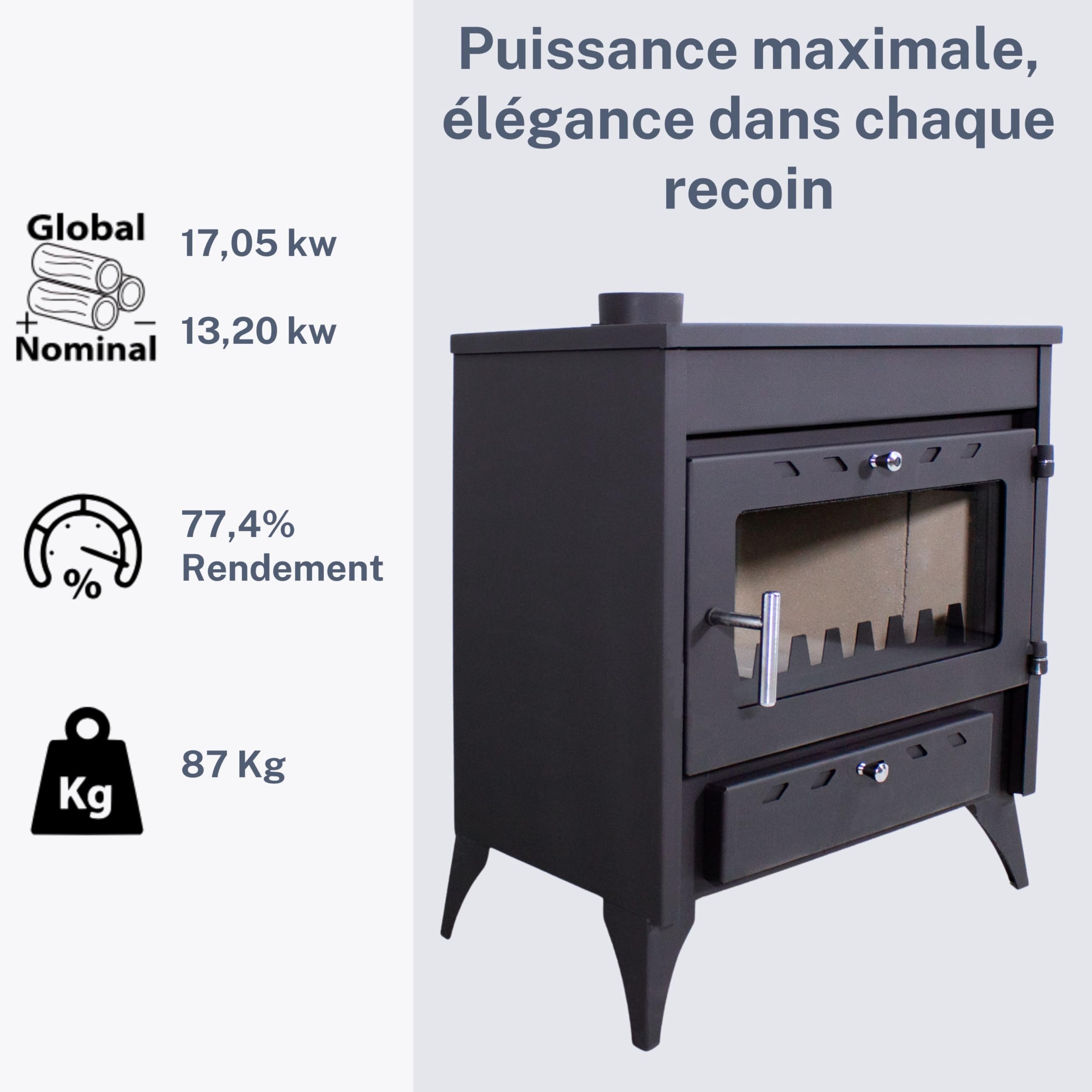 EIDER BIOMASA Poêle à Bois 17,05 KW - Compact 84 x 51 x 66 cm - Faible consommation - Fonte - Grande Chambre pour Grands Troncs - Jusqu'à 297 m3 - Efficacité énergétique Classe A - Vision du feu