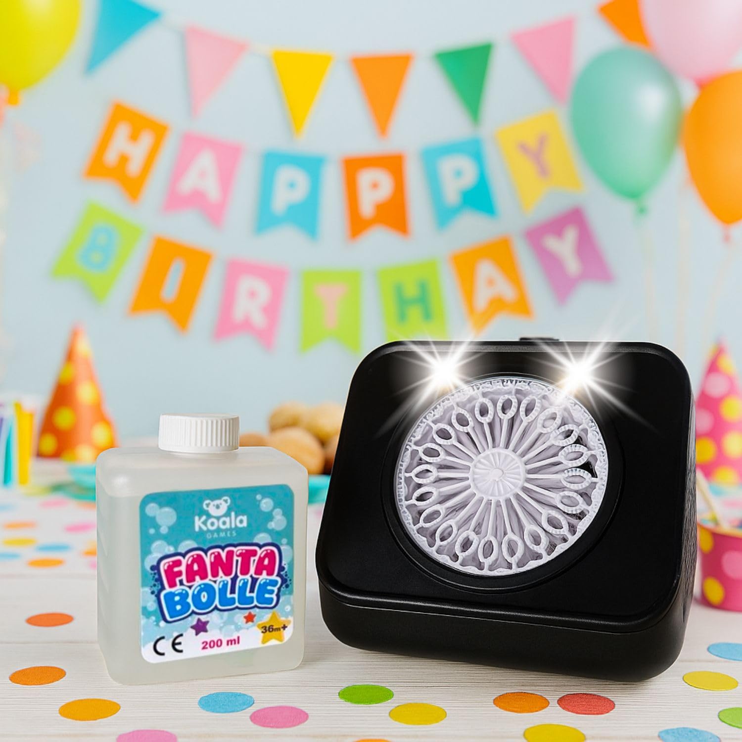 BEPER Macchina per Bolle di Sapone Automatica con Luci LED – 2 Velocità, Funzionamento Continuo – 200ml Liquido Incluso – Giocattolo Estivo per Bambini 36M+ – Funziona a Batterie (Non Incluse)