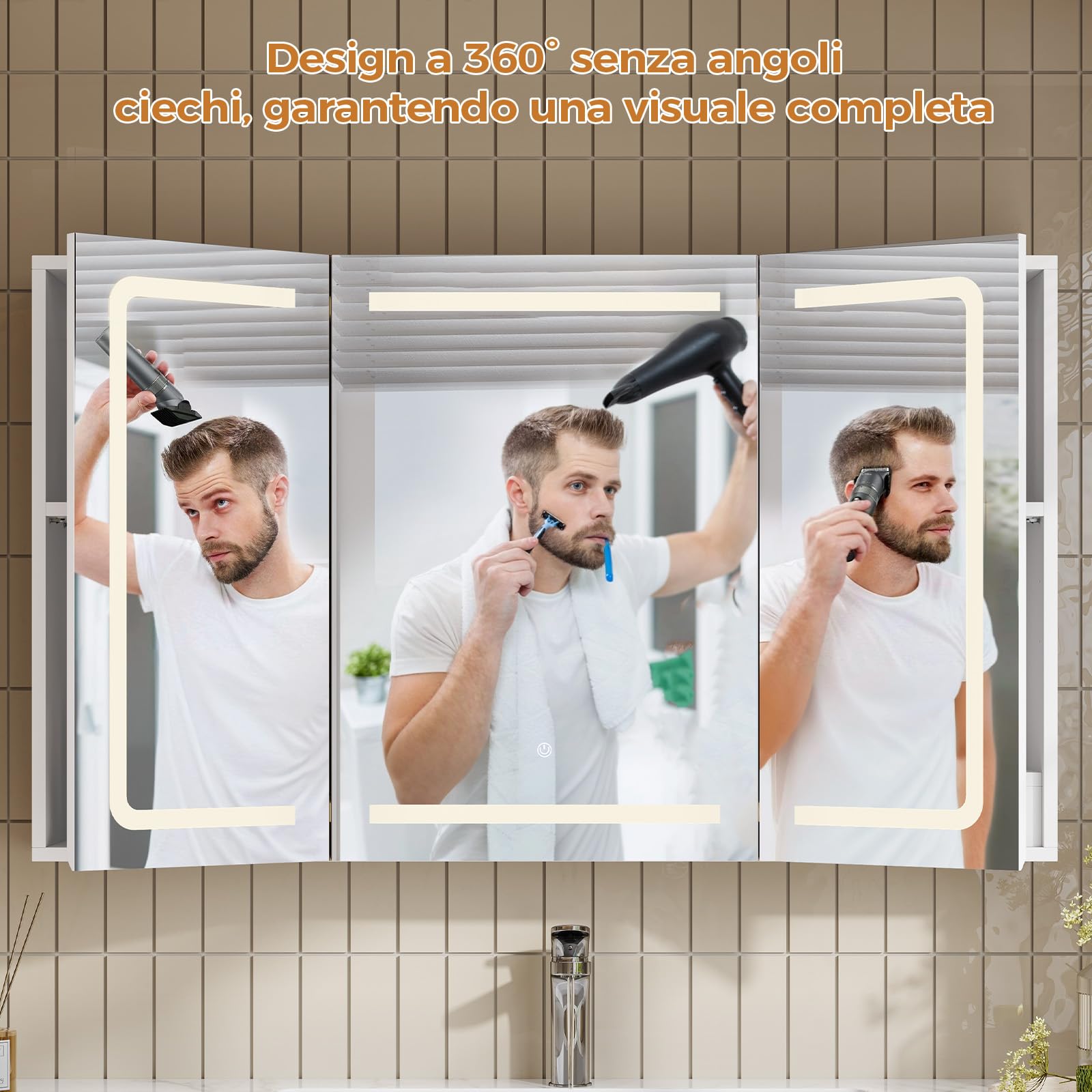 Specchio Bagno LED con 3 Ante e Presa– Design 360°, Memoria Luminosità,100x16x60 cm Mobiletto Specchio Bagno Sospeso | 3 Ripiani Regolabili, Bianco, Impermeabile Sospeso100x60 cm