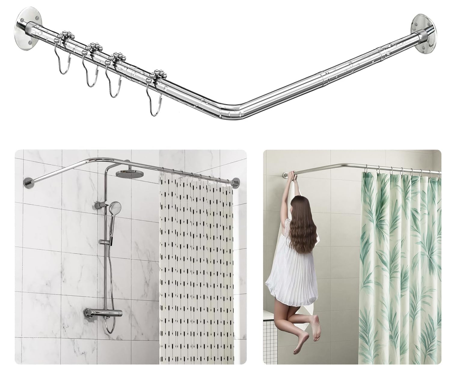 Stretchable 304 Stainless L Shaped Bathroom Bathtub Corner Shower Curtain Rod Rack (70-100x70-100cm), Drill Free Install, for Bathroom, Clothing Store, Private Space