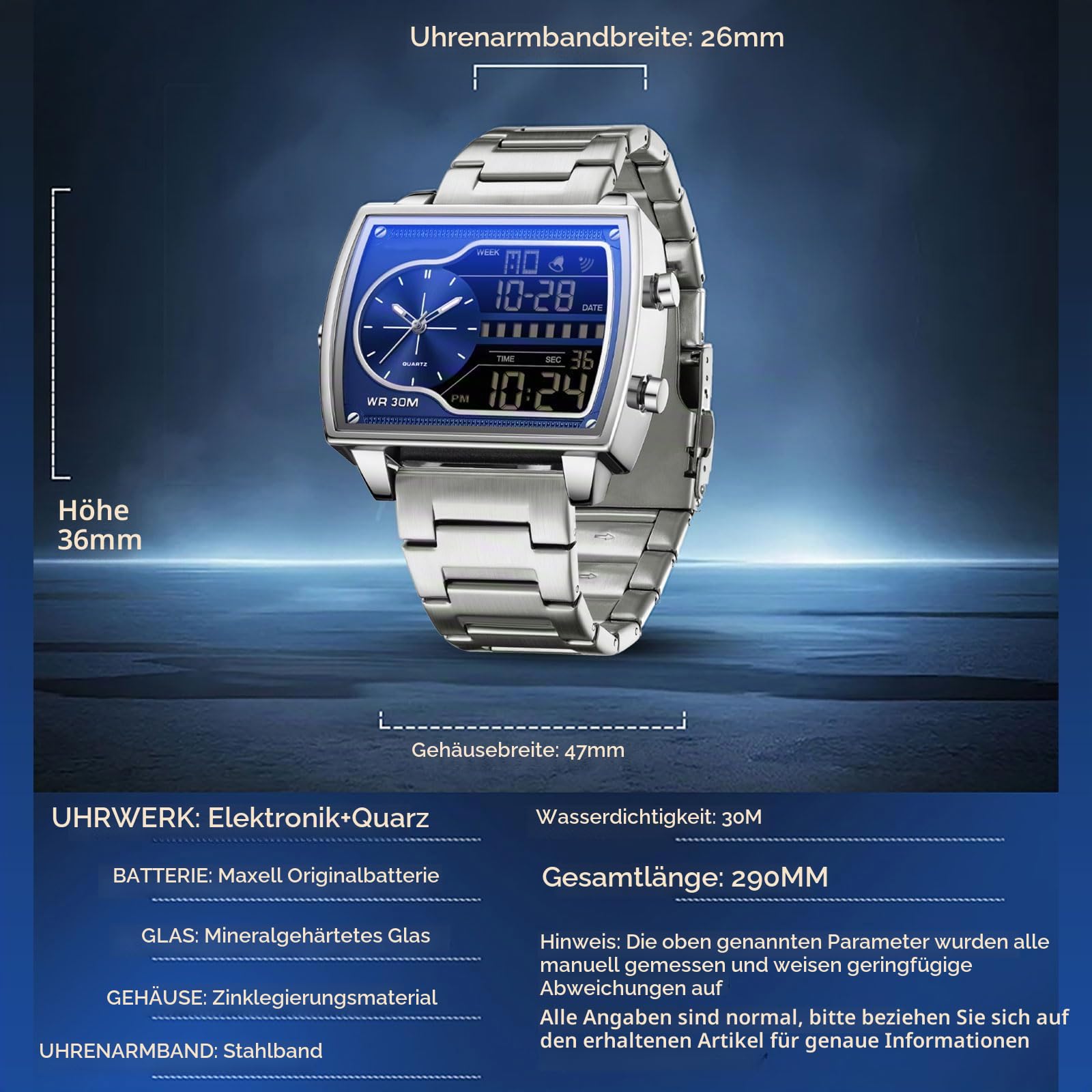 findtime Herrenuhr Rechteckig Retro Luxuriöse Armbanduhr Herren Digital Analog Quarz Klassische Business Leger DREI Zeitzone Wasserdicht Beleuchted Große Zifferblatt für Männer Gold