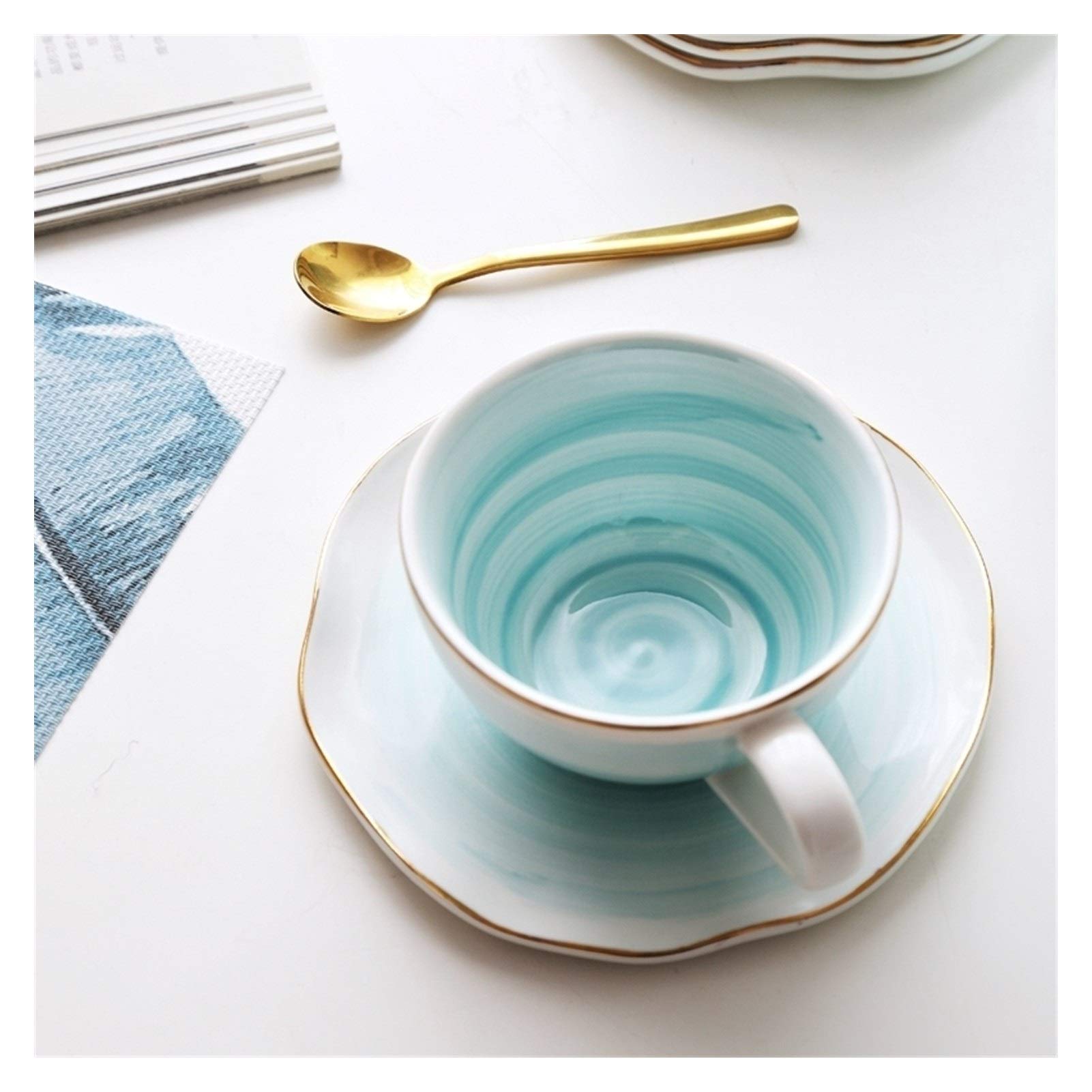 Tazas de café grandes de cerámica, Juego de taza y platillo té cerámica multicolor con cuchara bañada en oro, paquete 2(Roze)