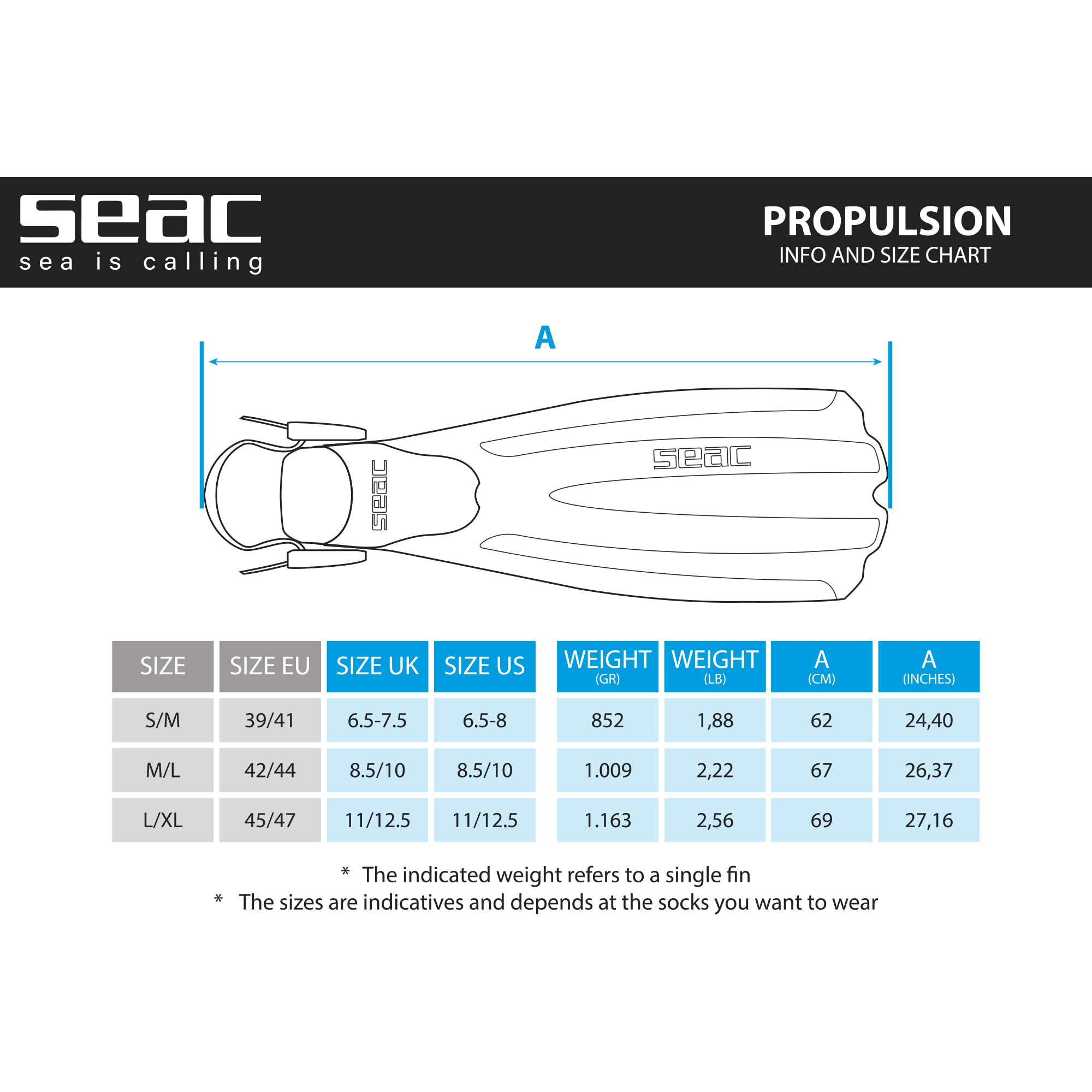 Seac Propulsion, Pinne da Subacquea con Cinghiolo Regolabile, Made in Italy
