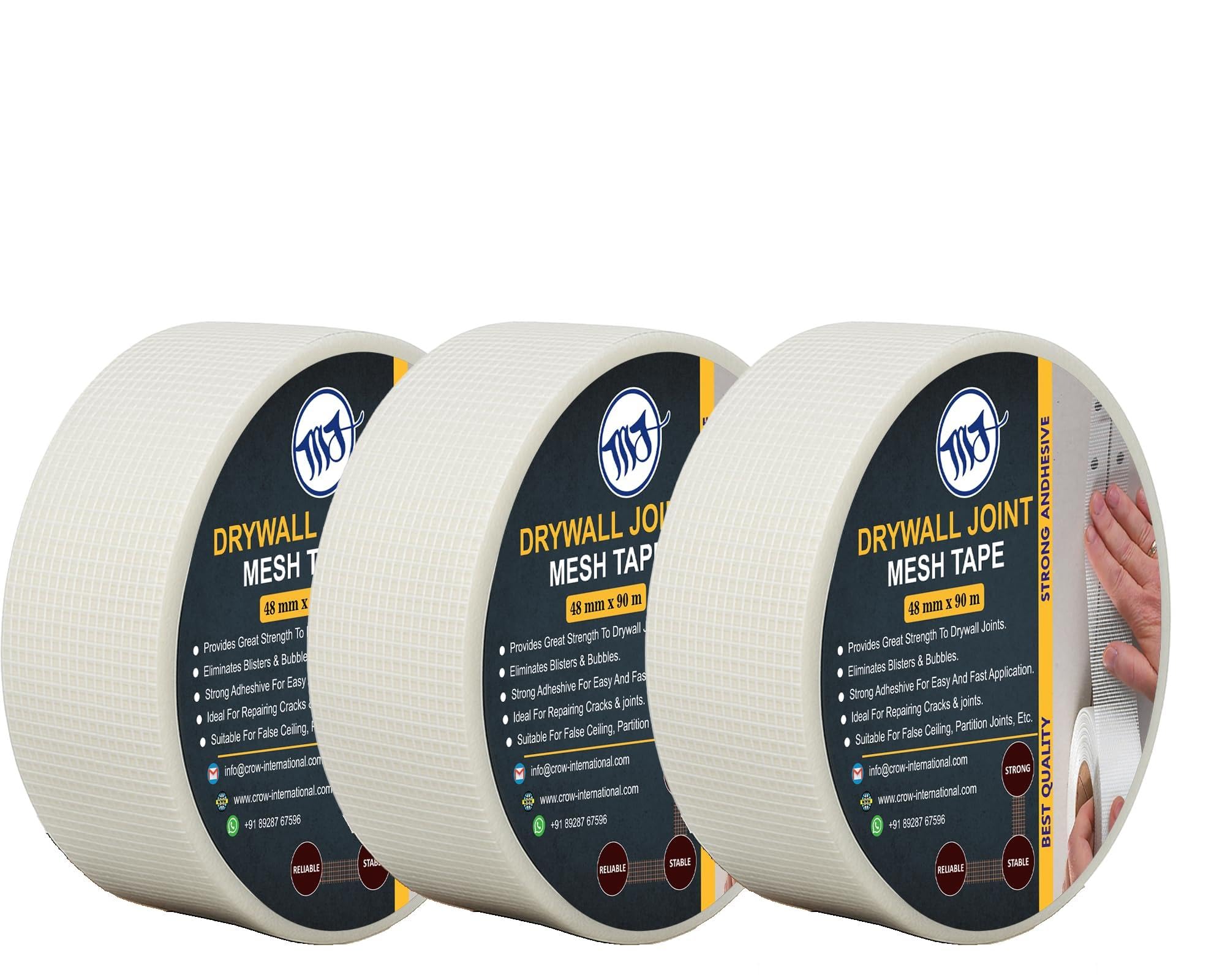 M.J 3 X Rolls Self Adhesive Scrim Tape 48mm (Pack of 3)- Heavy Duty Fiberglass Mesh for Plasterboard Joints, Drywall Repair & Wall Cracks - White Plasterers Reinforcement Tape