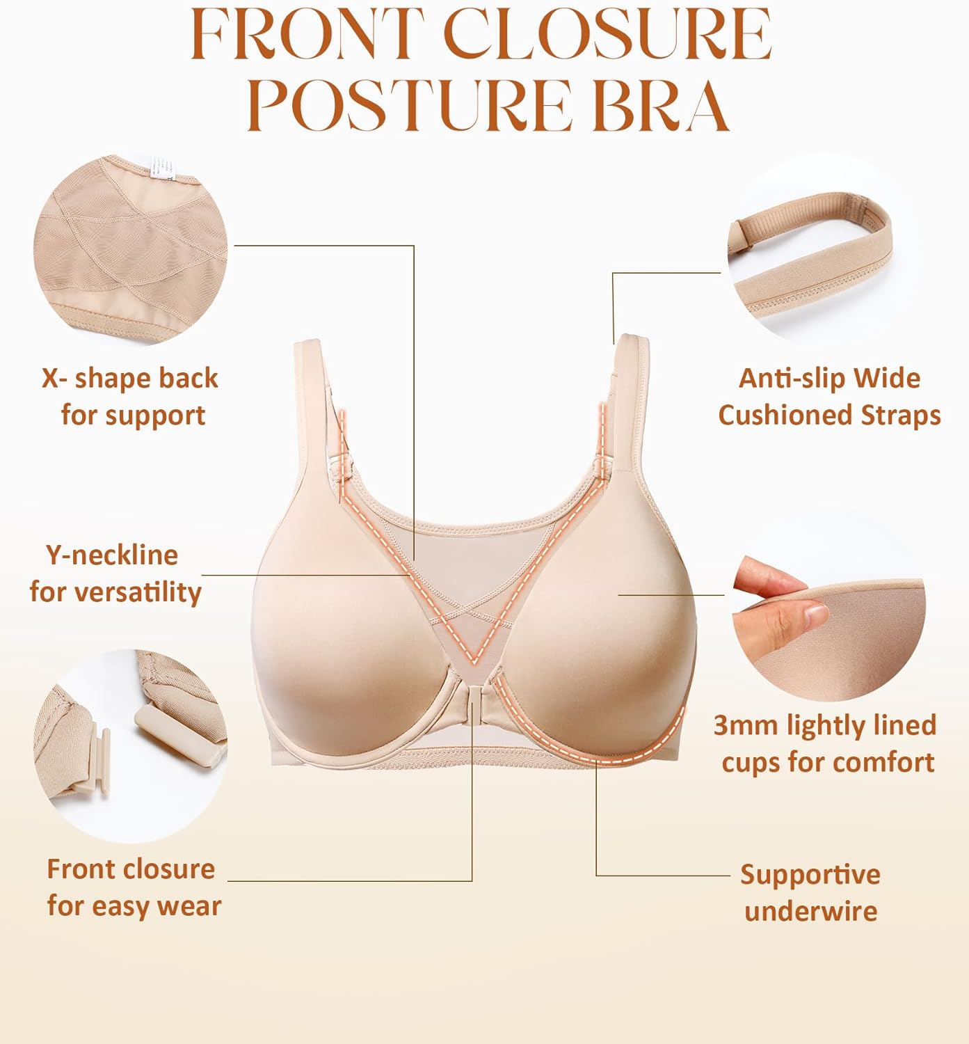 Lemorosy Front Closure Posture Bra Back Support Smoothing Underwire Comfortable Everyday Bras for Women - Image 4
