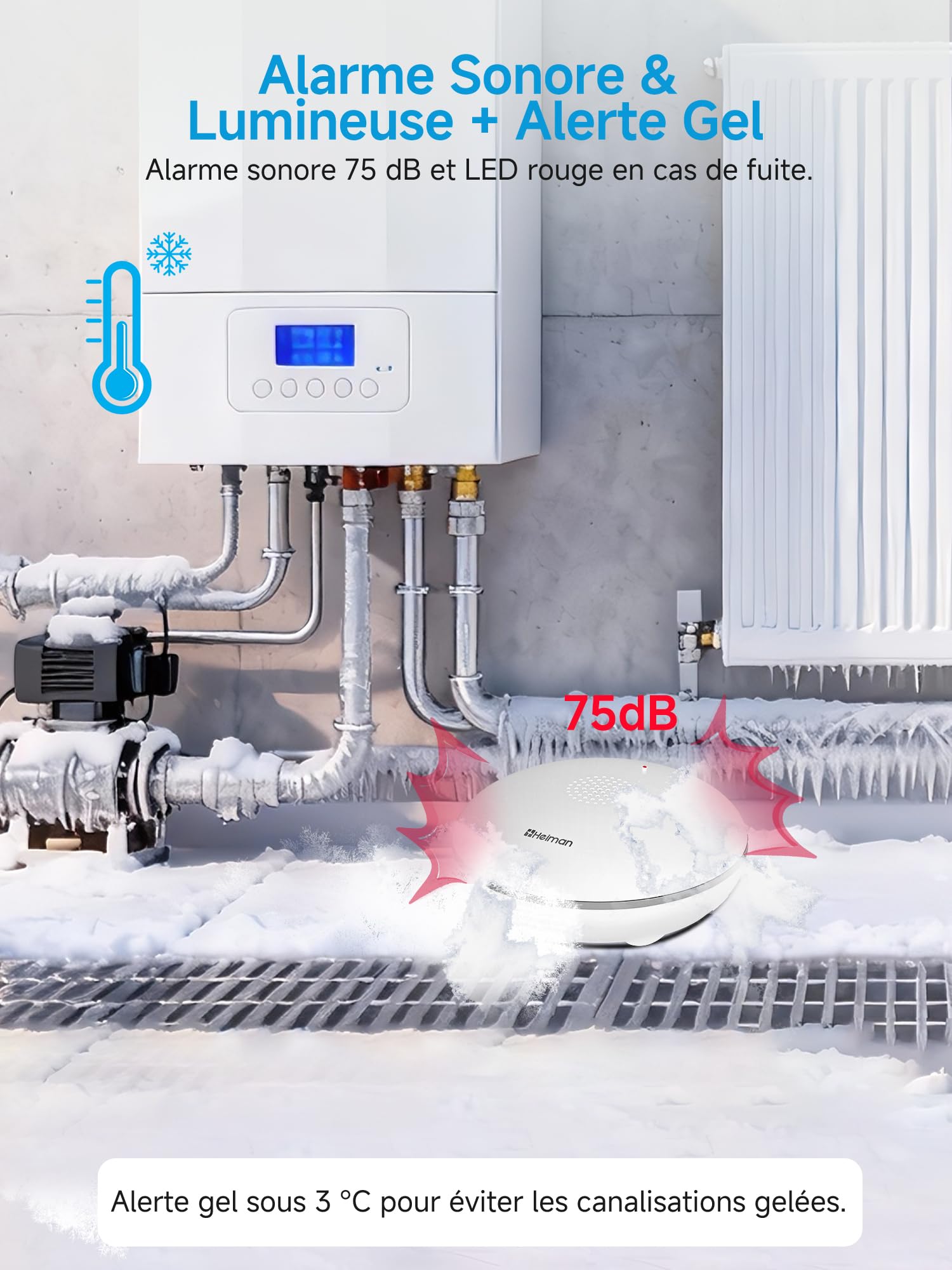 Heiman Détecteur de Fuite d'eau Intelligent avec Passerelle (Hub), Alerte App, Batterie 10 Ans, IP67 Étanche, Capteur WiFi pour Cave & Cuisine, Kit de Surveillance (2,4GHz Uniquement), HS2WL-R
