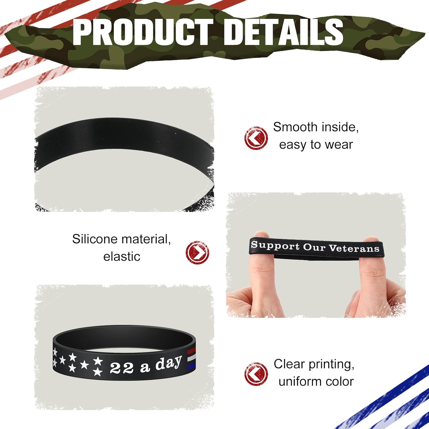 Junkin 100 Pcs Veterans Day Rubber Bracelets 22 a Day Support Our Veterans Bracelet Memorial Day Silicone Wristband Patriotic Wristbands Bulk Military Gifts Thank You to Vets Accessories