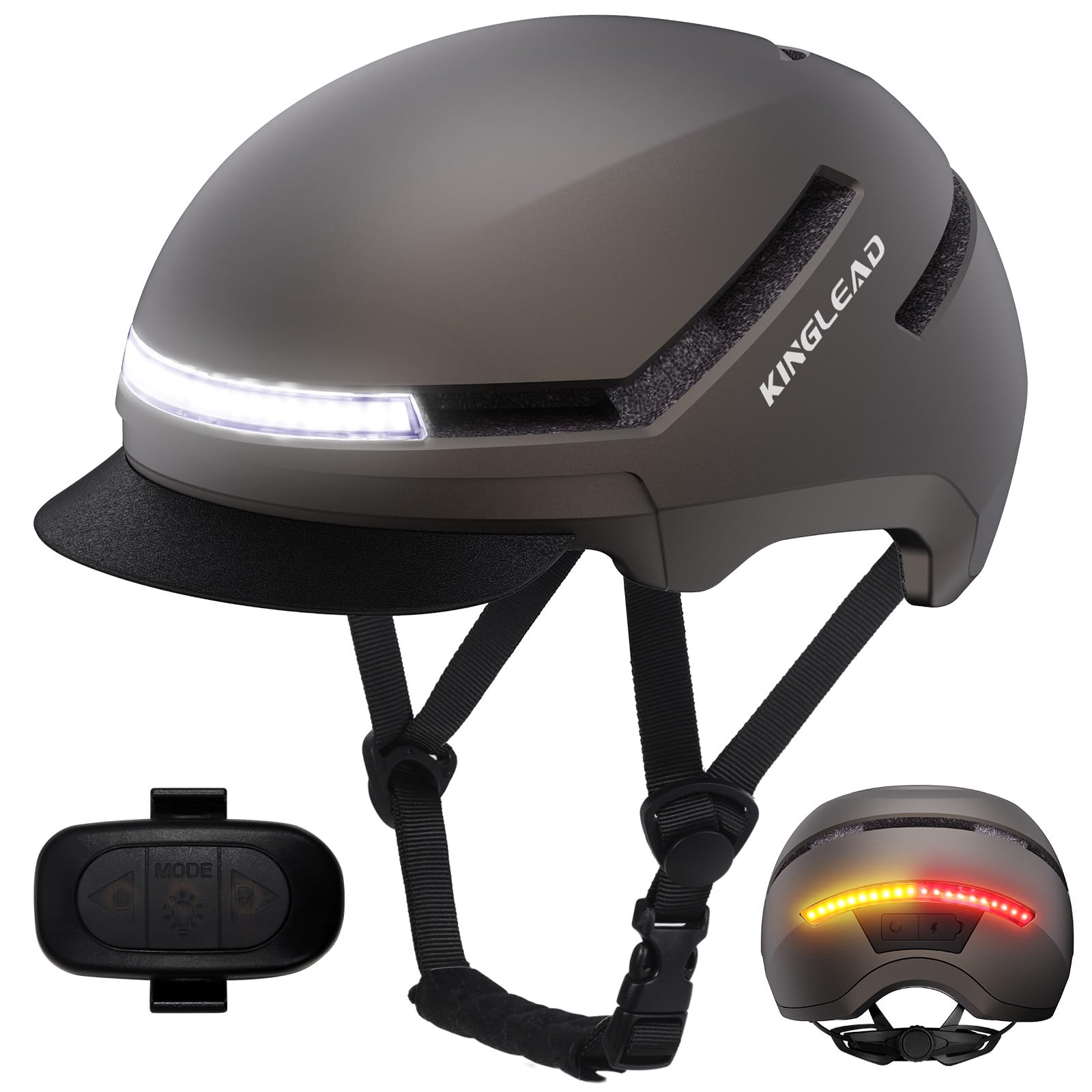 KINGLEAD Casco Bici, Certificato CE e NTA 8776, Dotato di Telecomando Wireless, Luci Anteriori e Posteriori e Indicatori di Direzione, Supporta ricarica USB, Casco Scooter, Taglia Regolabile