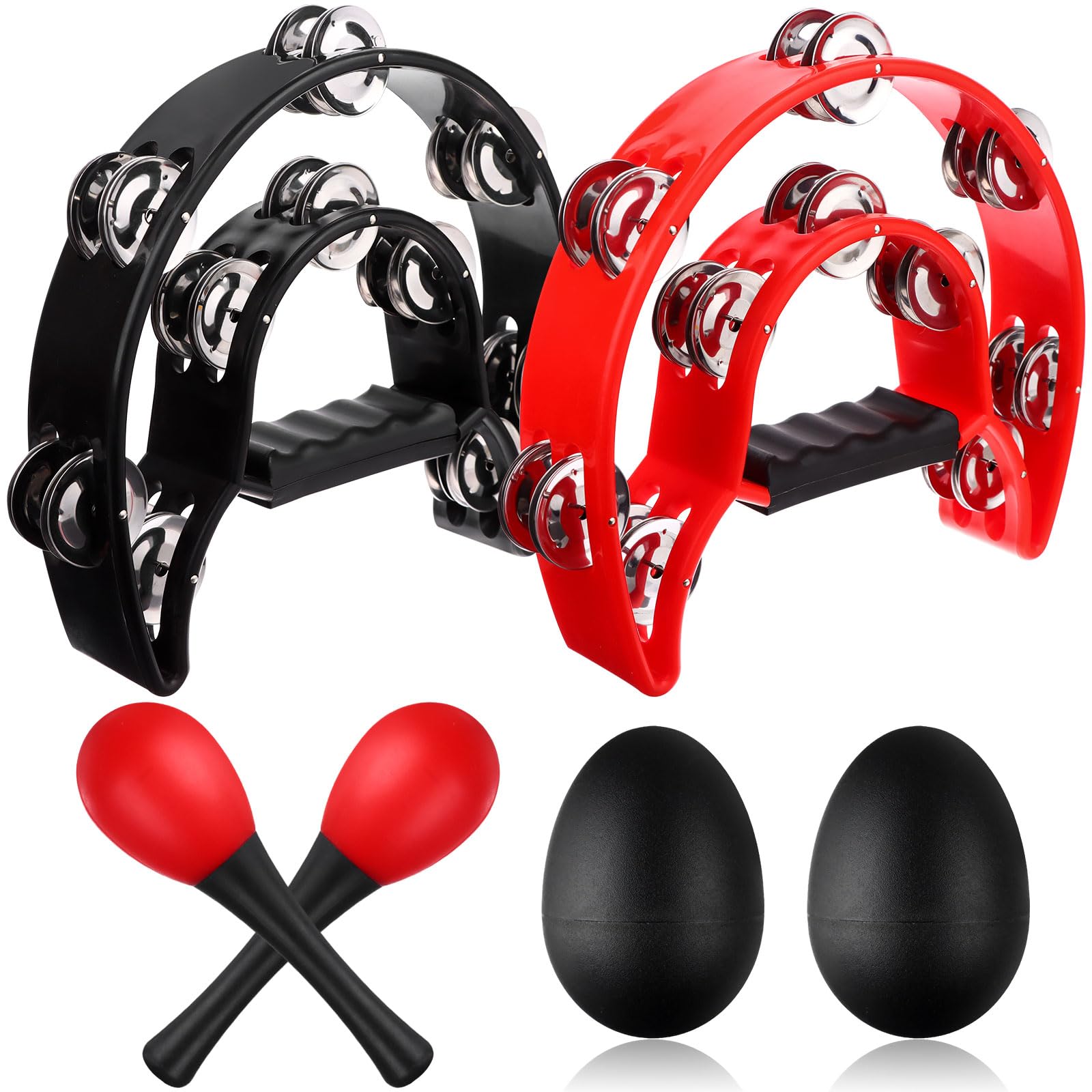 6Pcs Half Moon Tambourine Set, 2 Double Row Tambourines with 2 Egg shakers and 2 Maraca Set for Musicians Singers Music Classes Bands