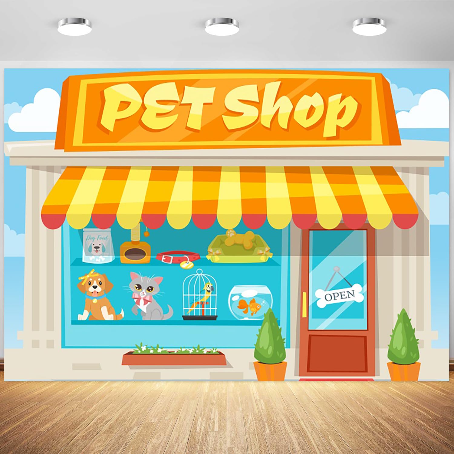 12x8ft Pet Shop Backdrop Cartoon Cat Dog Pet Shop Photography Background Girl Boy 1st Birthday Party Decoration School Play Wallpaper Supplies Photo