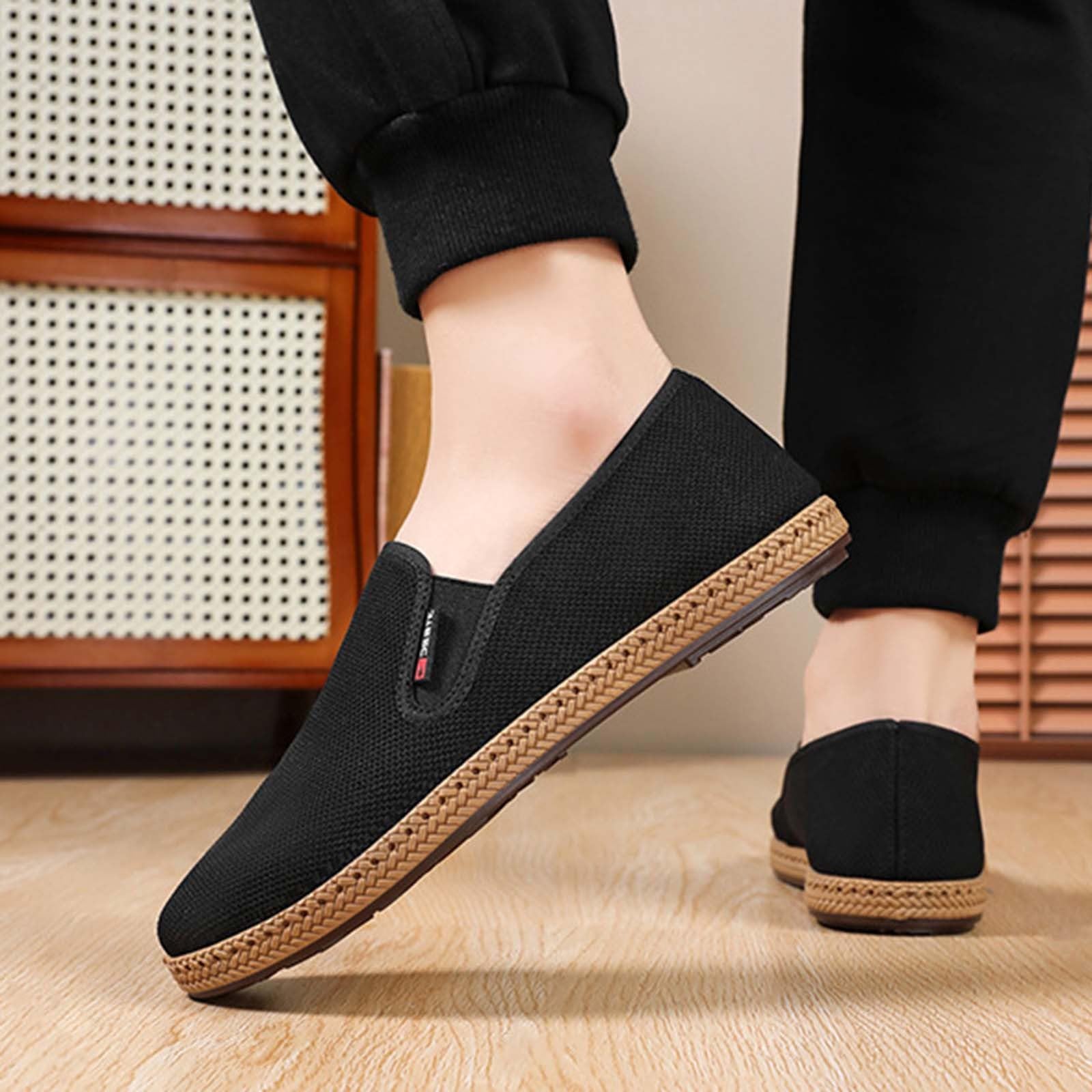 Alpargatas para hombre, color negro, zapatos para caminar, mocasines de malla, transpirables, ligeros, planos, zapatos de verano, suelas suaves, zapatos de tela, zapatos para correr, cómodos zapatos