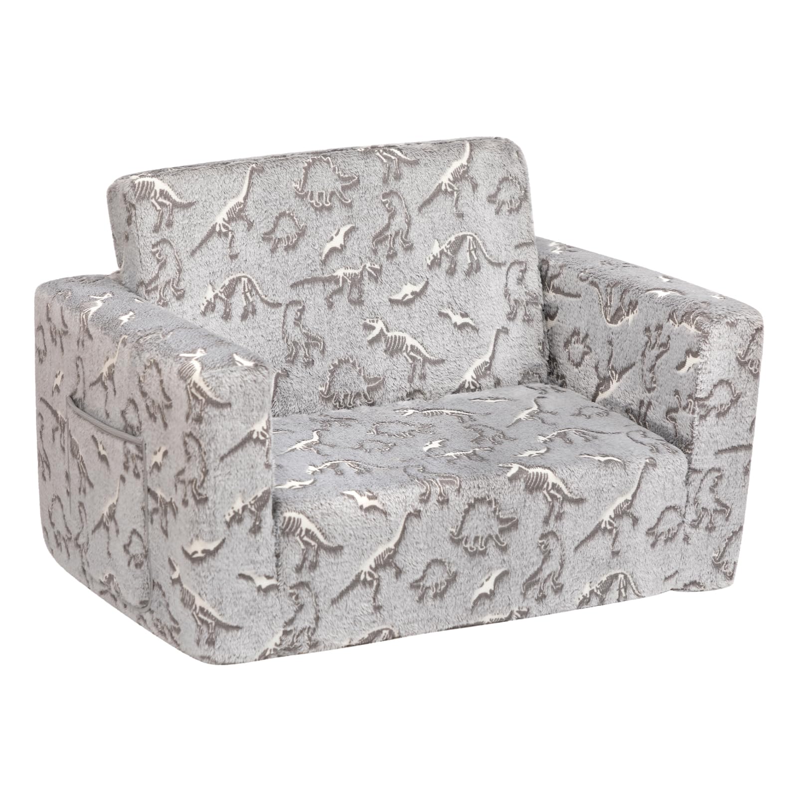 ALIMORDEN 2-in-1 Flip Out Cuddly Sherpa Toddler Couch, Convertible Sofa to Lounger, Glow in The Dark,Dinosaurs