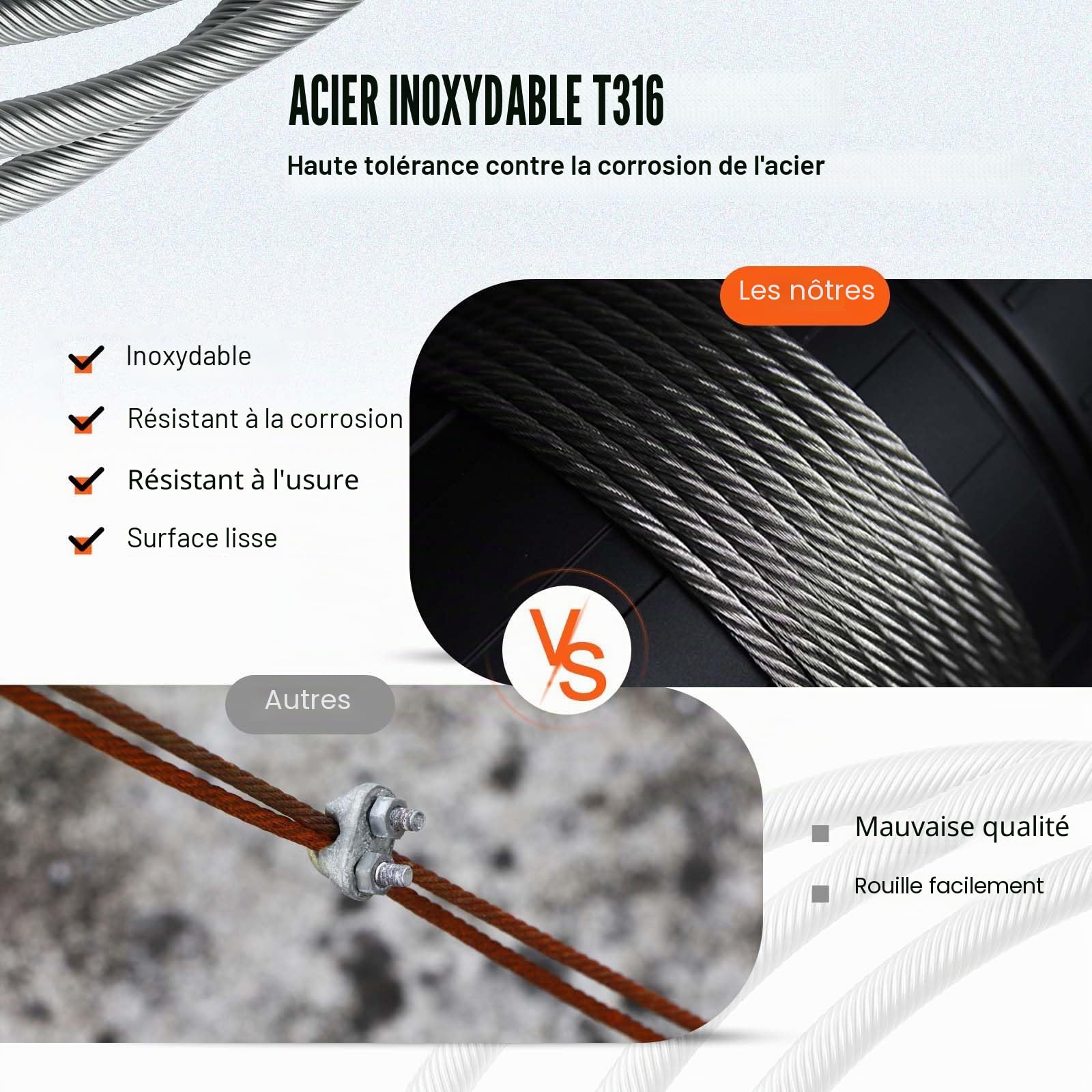 VEVOR Câble en acier inoxydable, 4,8 mm x 305 m, câble métallique inox 316 1x19 qualité marine pour garde-corps, balustrade, guirlande lumineuse à suspendre, clôture de porche, balustre de bricolage