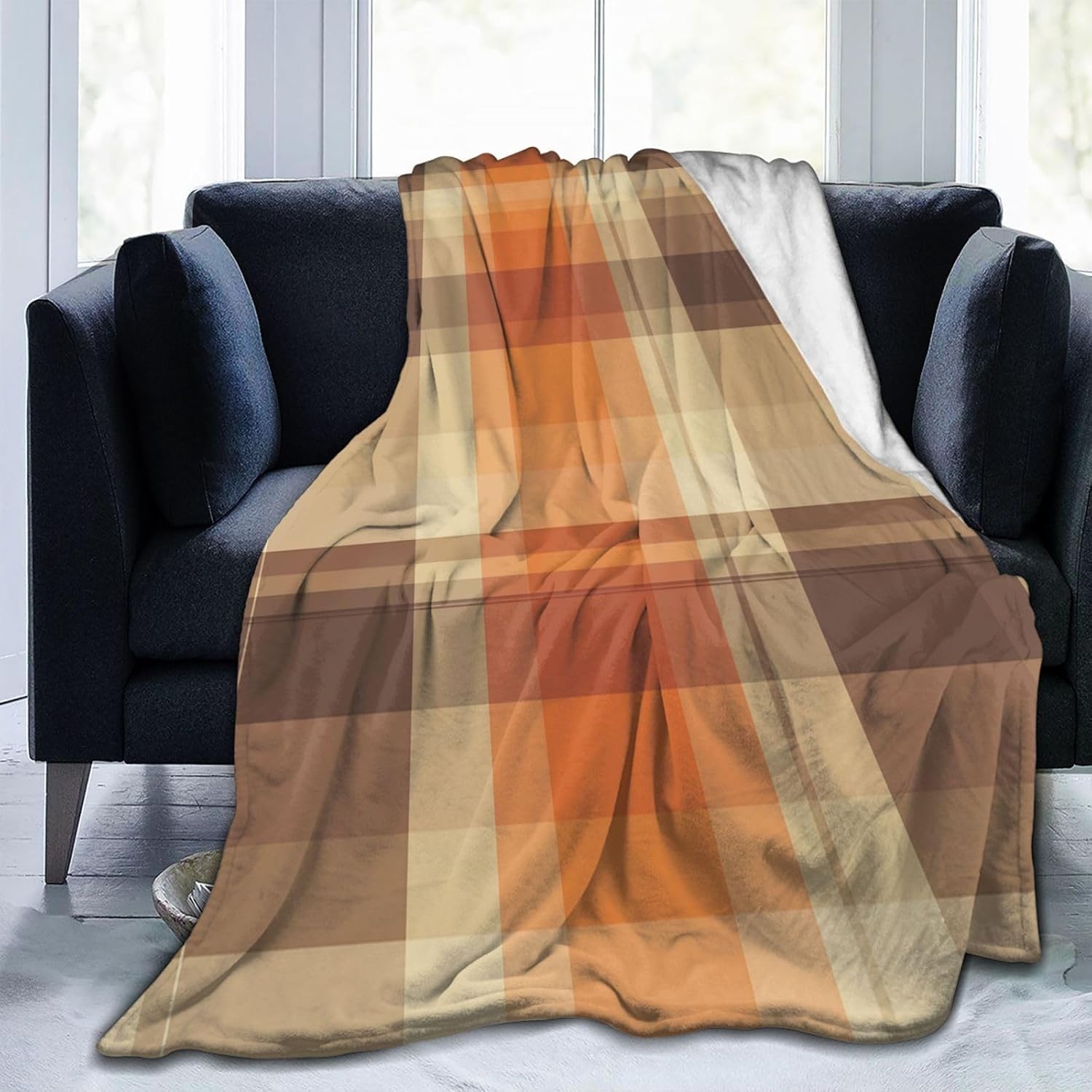 Manta Cuadros 200x200 cm Manta Polar de Franela Cuadros Naranja y Marrón para Sofa y Cama, Mantas Ligeras, Caliente y Transpirable, Todas Las Estaciones A-6231