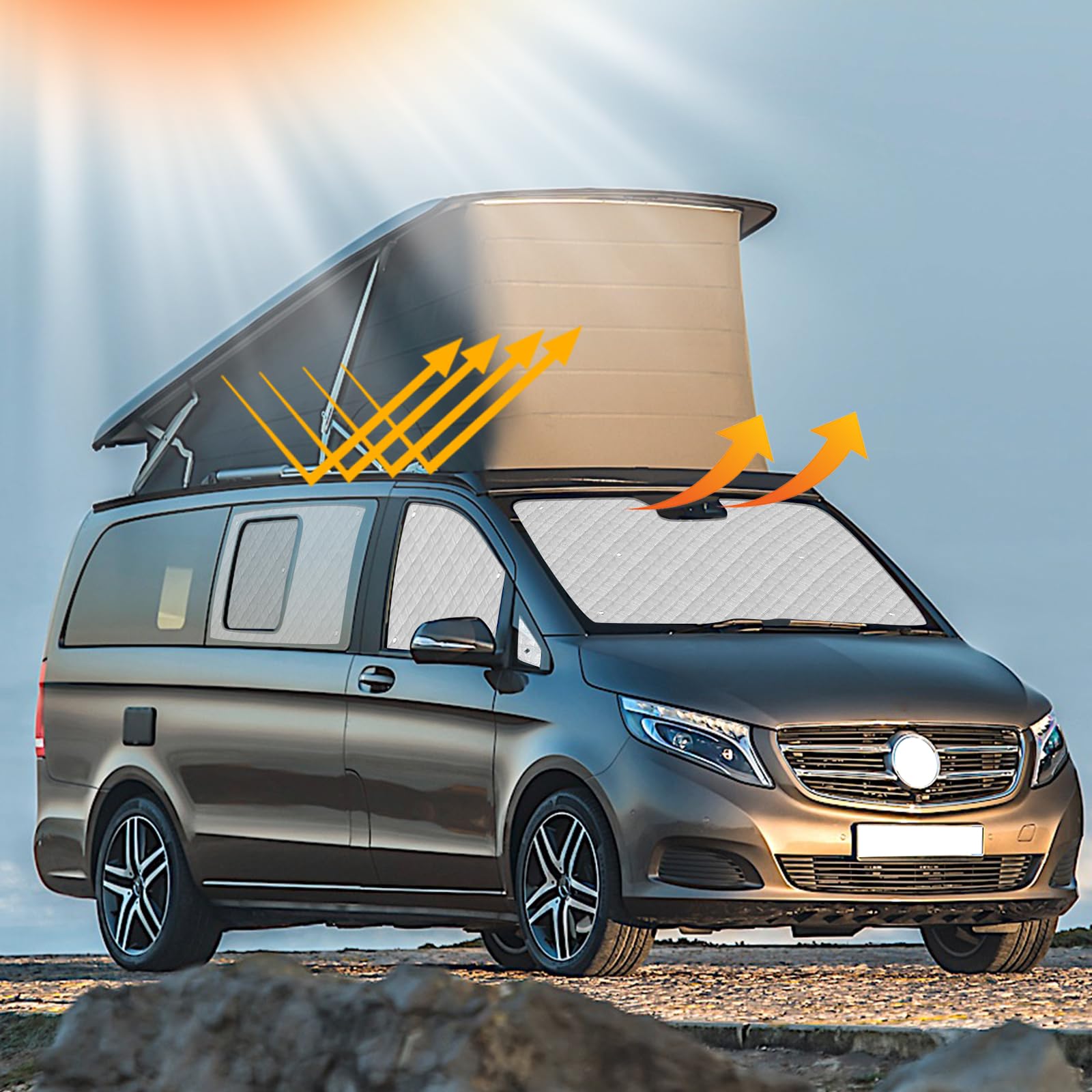 Thermomatte Fahrerhaus Innen Kompatibel mit 2014-2022 Mercedes-Benz VITO III W447/Viano, 7PCS Faltbare Sonnenschutz Frontscheibe Innen für Wohnmobil Privatsphäre & Temperaturkontrolle