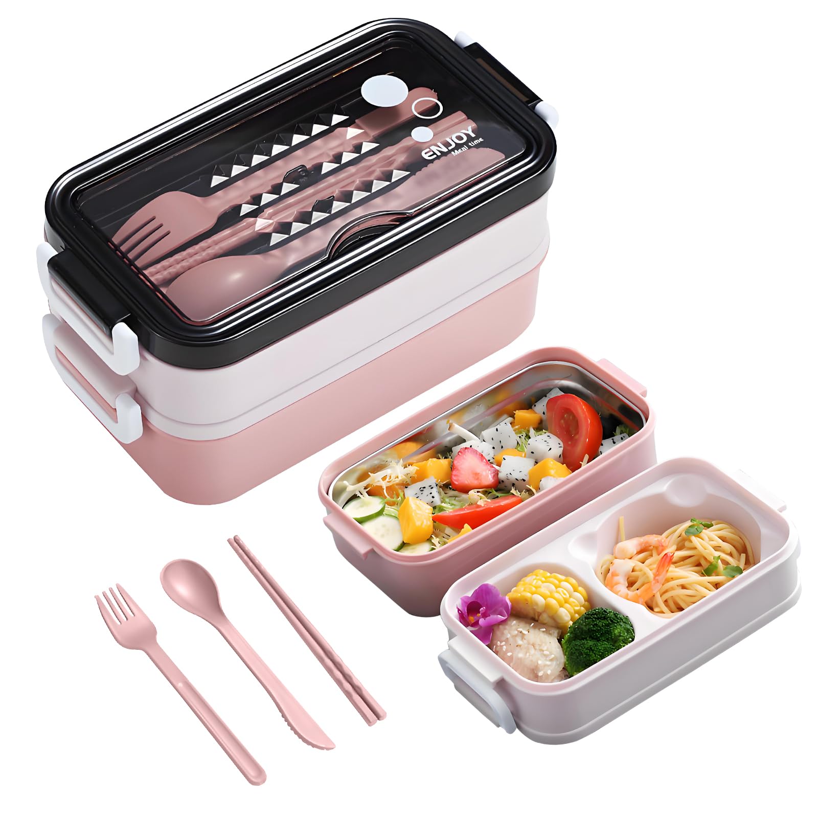 Fiambrera Bento 1400ml 3 Compartimentos – Apta Para Microondas Y Lavavajillas, Estanca Con Cubiertos, Ideal Para Oficina, Colegio O Viaje (Rosa)