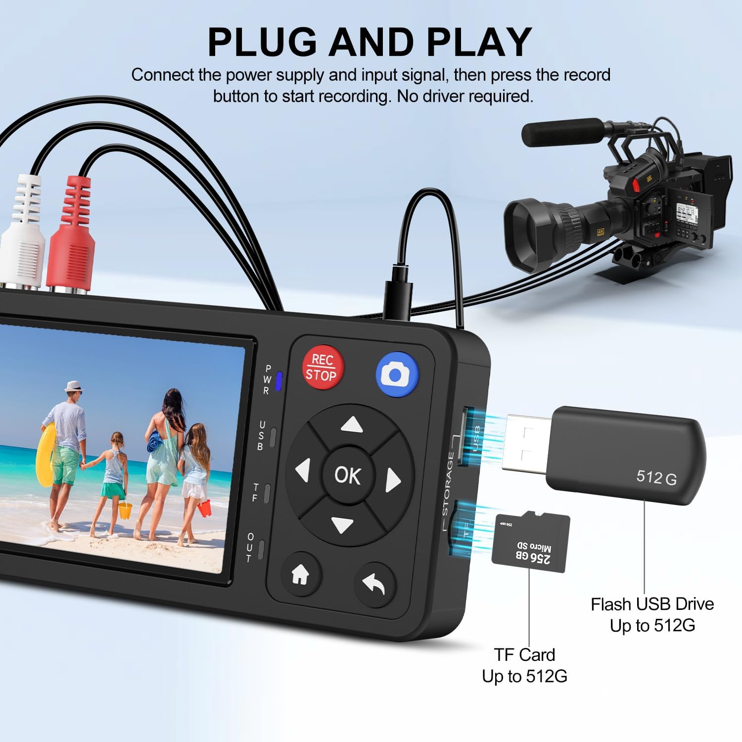 VHS to Digital Converter with 4" HD Screen, VCR to Digital Converter, USB & TF Storage, Compatible with VHS, VCR, DVR, DVD, Hi8, Mini DV, Camcorders(Tapes/Player Not Included)