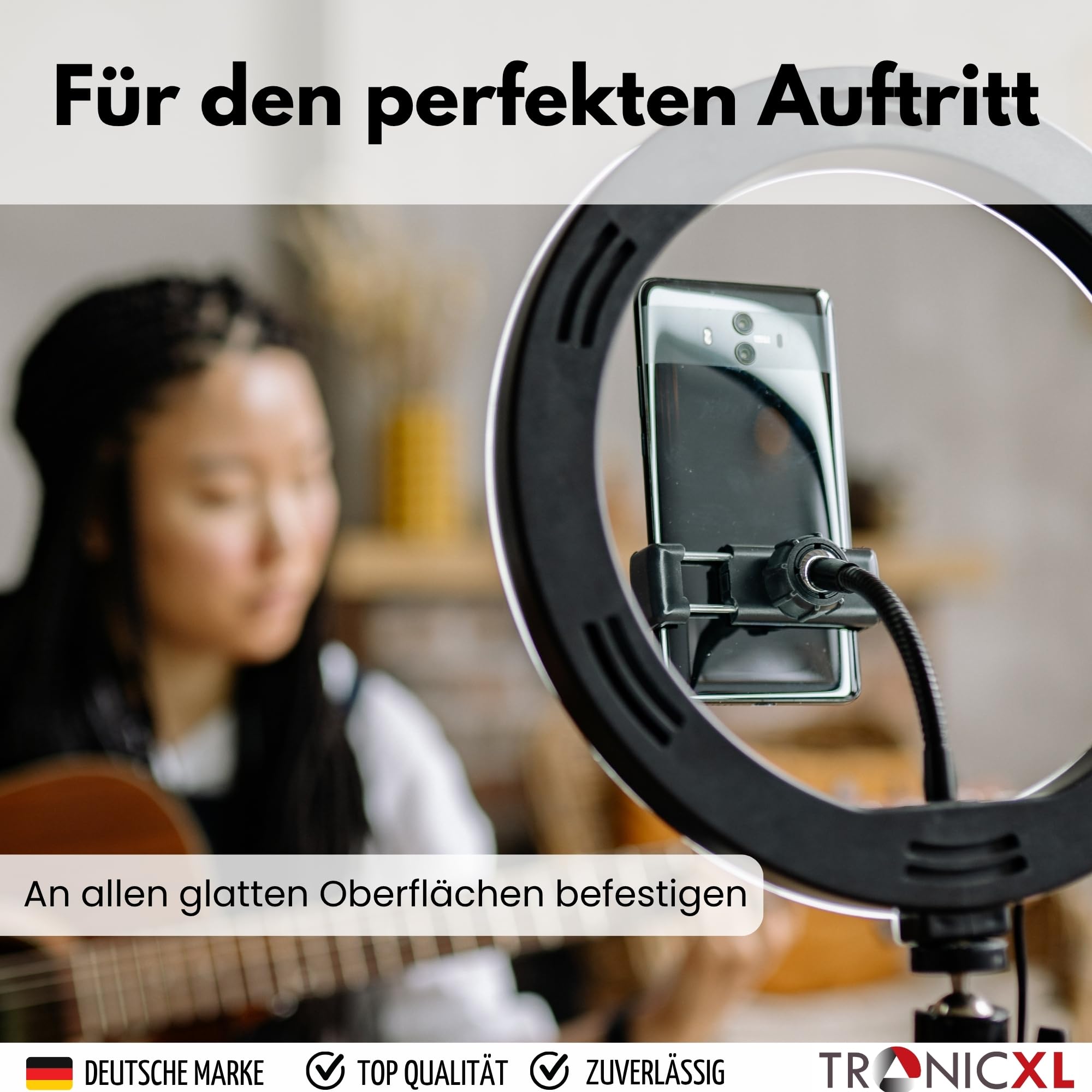 TronicXL Uchwyt na przyssawkę do smartfona z kolorowym światłem pierścieniowym i pilotem zdalnego sterowania I do lustrzanego okna uchwyt na telefon komórkowy I Selfie Video Photo statyw do Apple