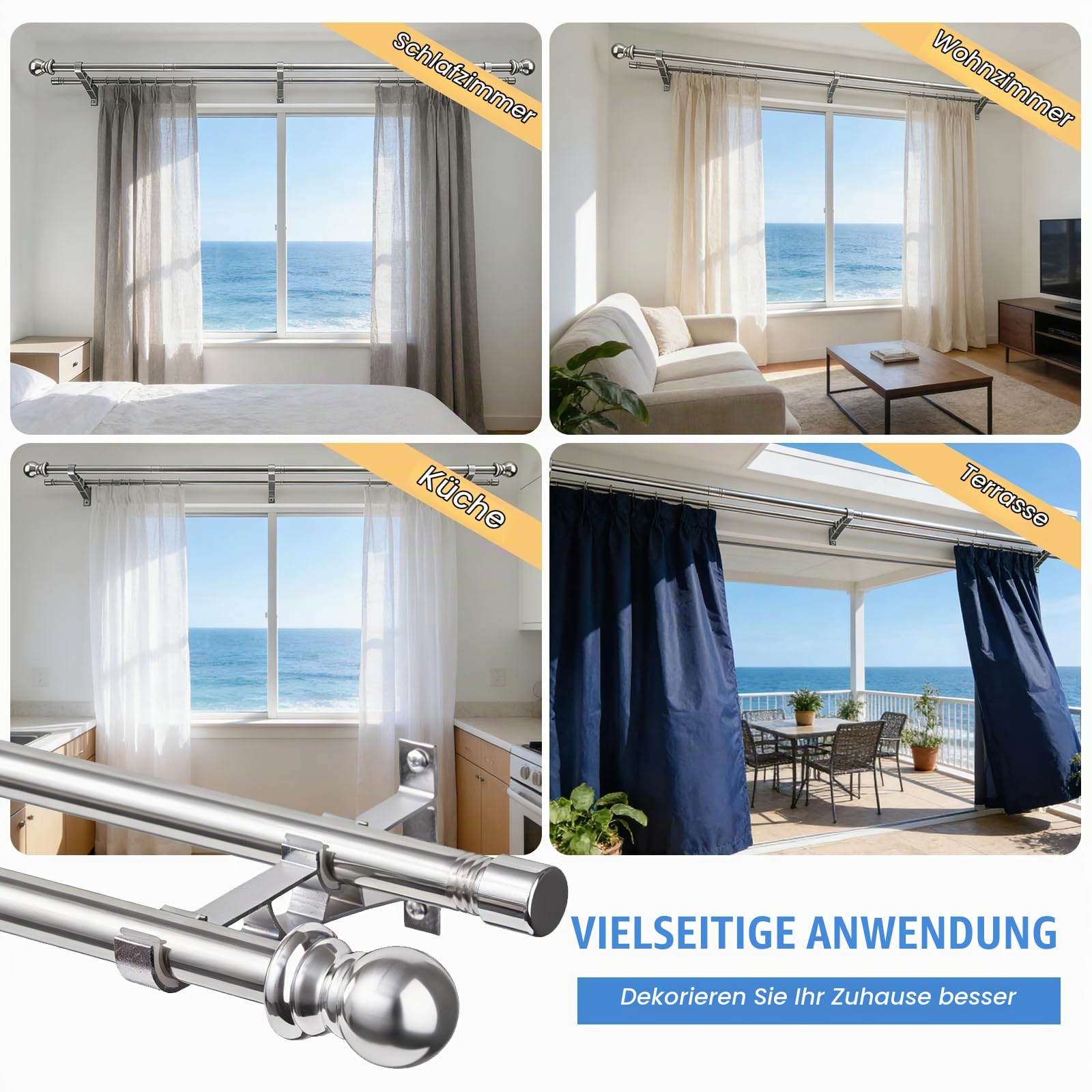 Doppelte Gardinenstangen, 2,5 cm schwere doppelte Fensterstangen, 76–366 cm verstellbare Gardinenstangen für Glasschiebetüren, Terrassen, Schlafzimmer, silber