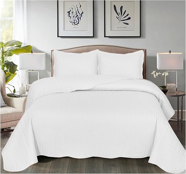 B&B Quilted bedspread throw with Pillow Shams for Bedroom Decor Reversible Coverlet Embossed Quilt Bedspread with Matt Finish (Single, White)