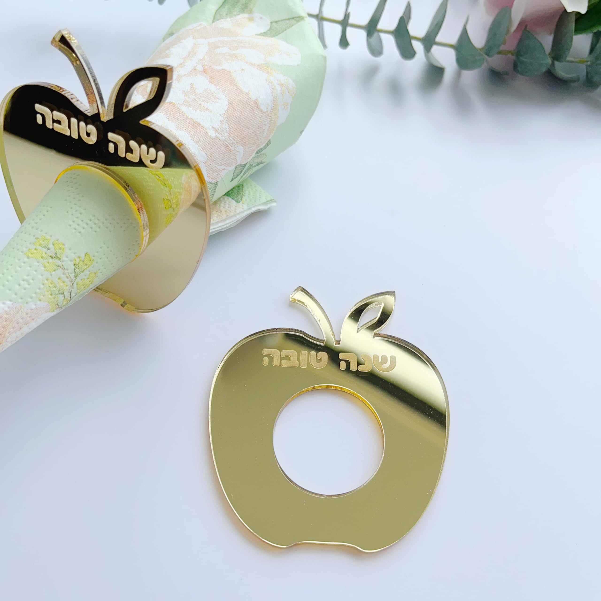 Rosh Hashanah Pack of 12 Serviette Ring, Serviette Holder, Napkin Ring Holder, Jewish New Year Shana Tova Decoration (Mirror Gold)