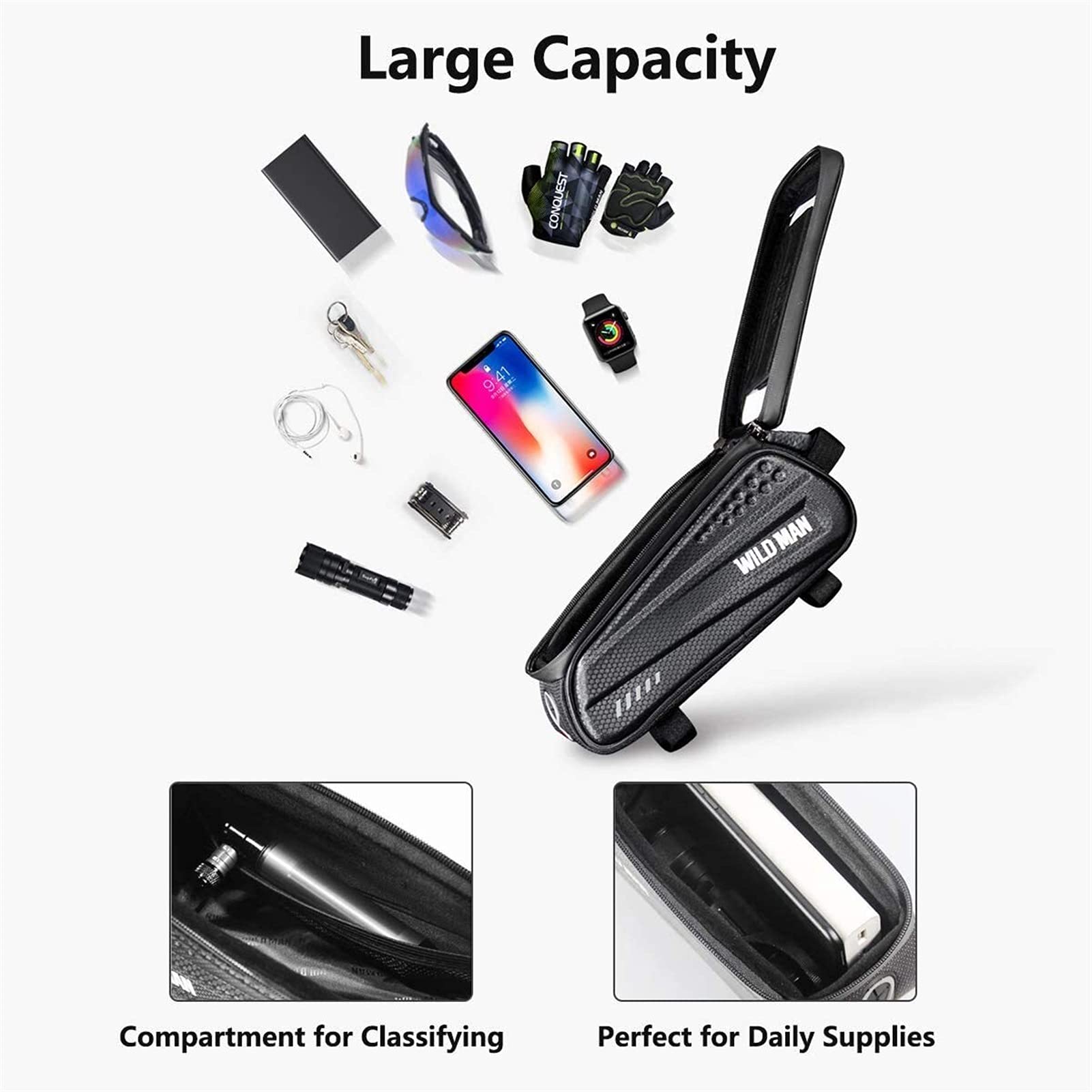 Borse per Biciclette. Borsa Rigida for Bicicletta, Borsa Anteriore Mountain Bike, Cellulare con Touch Screen, Tubo Superiore, Attrezzatura da Ciclismo