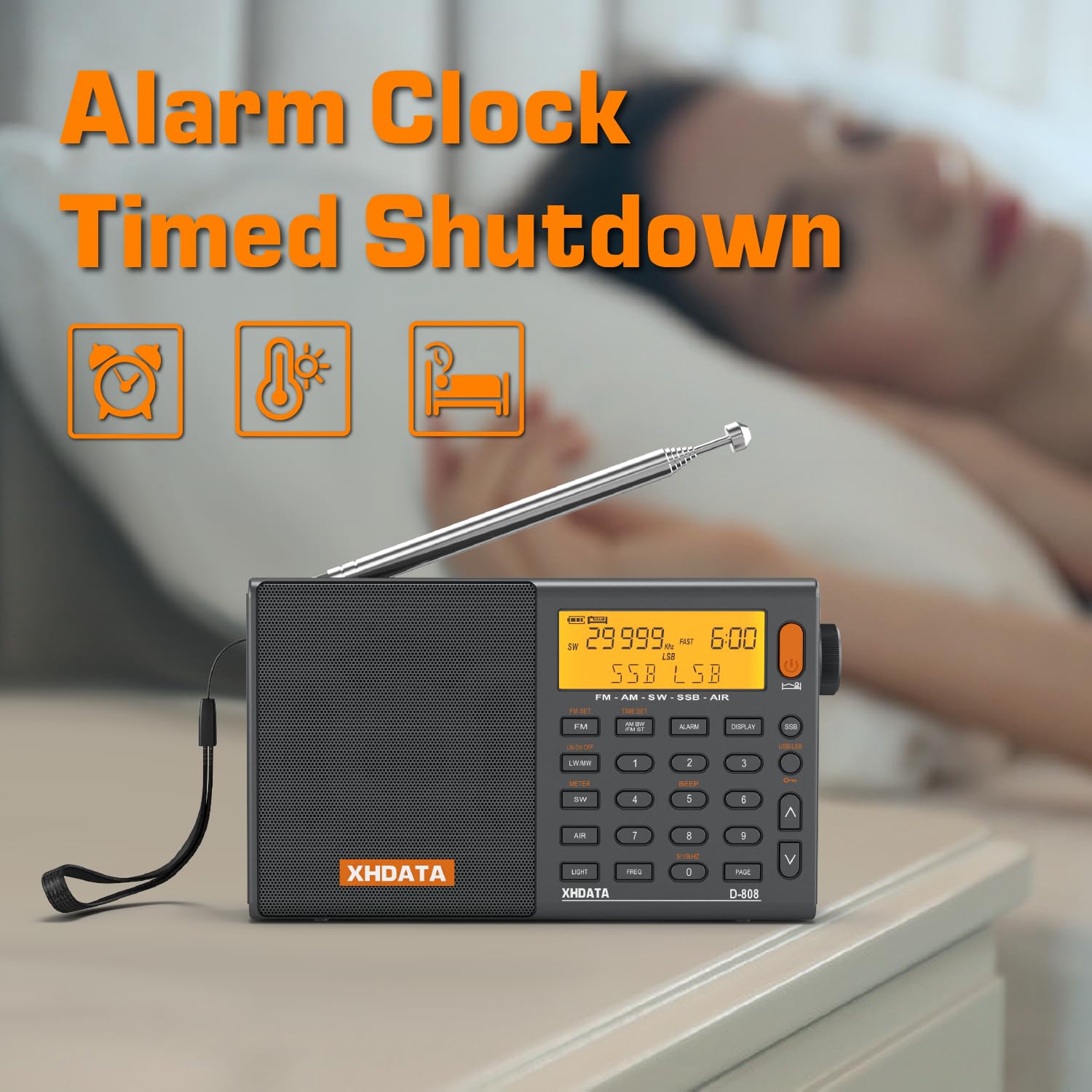 Image showing the XHDATA D-808 radio with icons for alarm clock, ambient temperature, and timed shutdown, indicating its multi-functional features.