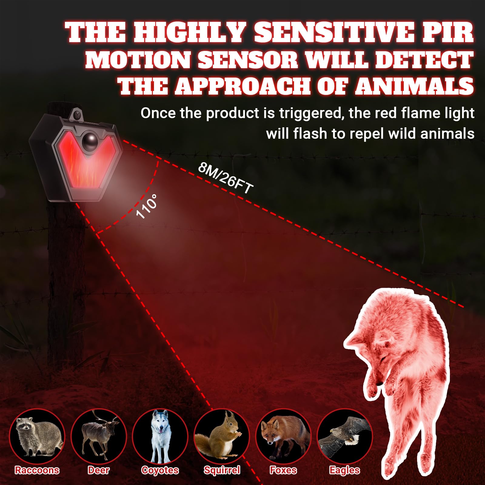 Solar Nocturnal Animal Repeller – Red LED Flashing Lights For Coyotes, Raccoons, Skunks, Deer & Hawks – Waterproof Predator Deterrent
