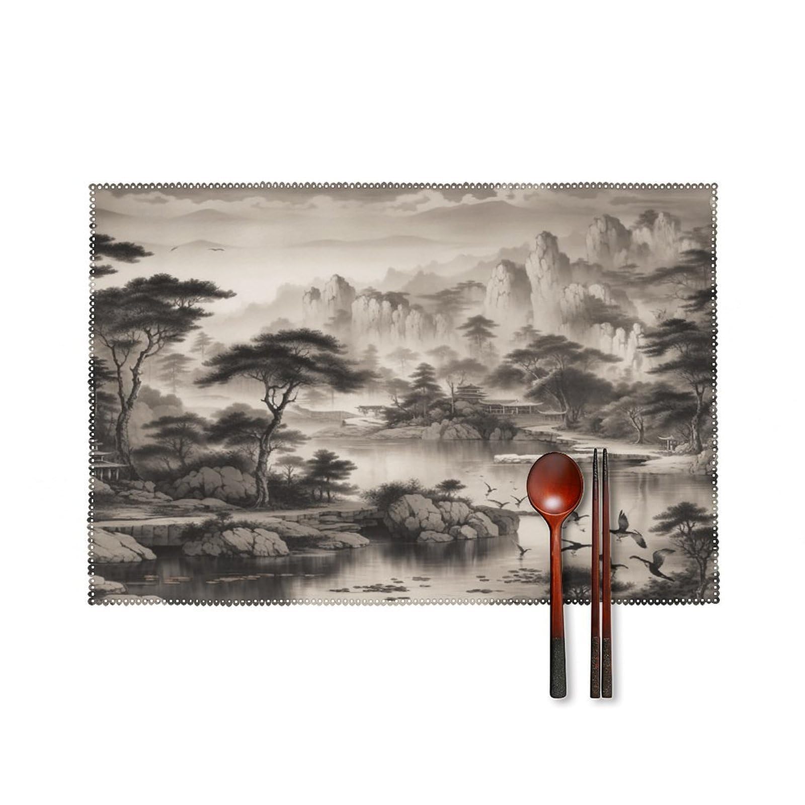 Black and White Landscape Placemats Set of 6 Heat Resistant Non-Slip Place Mats Washable Wipeable Table Mats Elegant Farmhouse Placemat for Kitchen Dining Outdoor Party Table Decor