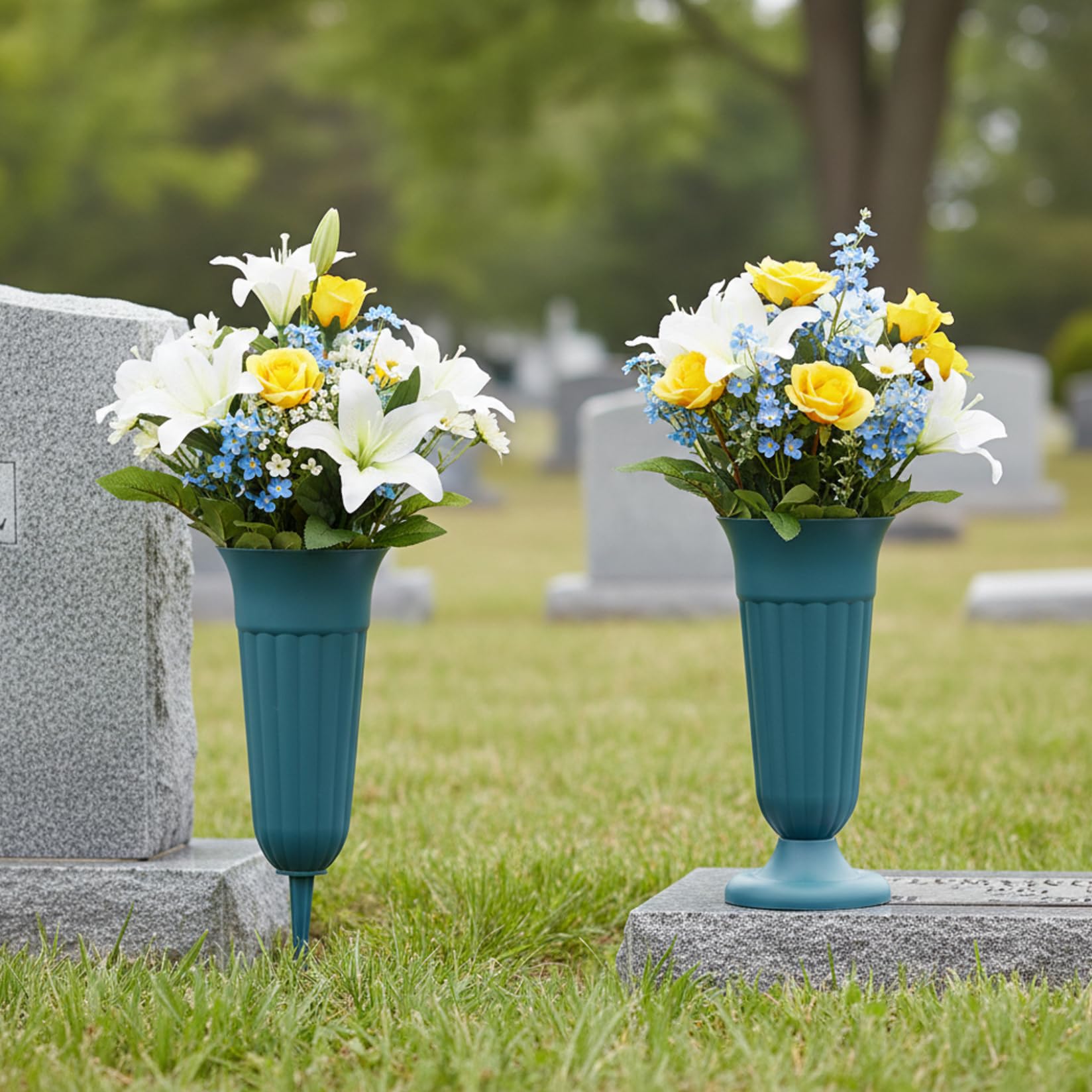 Comebachome Dark Green 4 Pack Cemetery Vases For Grave, Classic And Reliable Plastic Flower Holder With Spikes For Secure Placement, Grave Decorations, Décorations D'été
