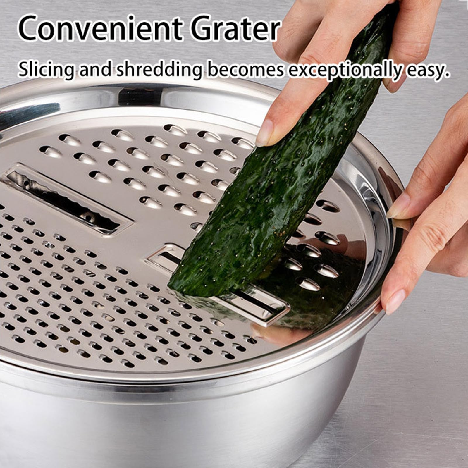 Multifunctional Stainless Steel Basin, Scolapasta in Acciaio Inox con Ciotola e Grattugia, Ciotola per Riso, per Insalata, Frutta, Riso, Pasta, Preparazione Metallic,26CM/10IN