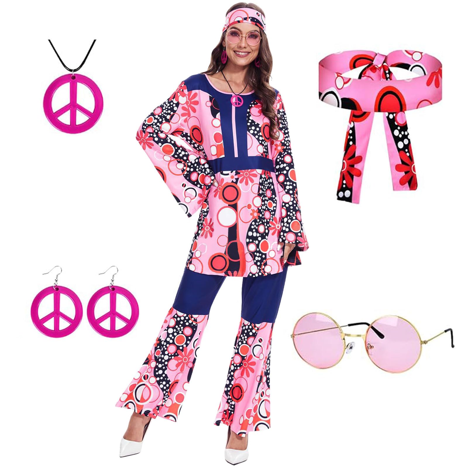 Disfraz Hippie Mujer Años 70 80, Disfraz Hippie para Mujer, Hippie Costume Set Diadema, Collar, Pendientes, Gafas Vintage, para Disco Carnaval Halloween Fiesta