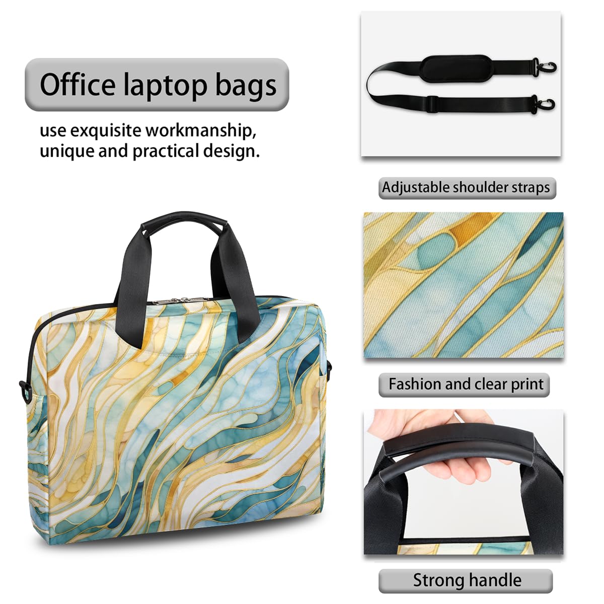 Borsa per computer portatile da 15,6 pollici turchese verde oro linea marmo custodia per laptop impermeabile borsa a tracolla per donne uomini, Nero