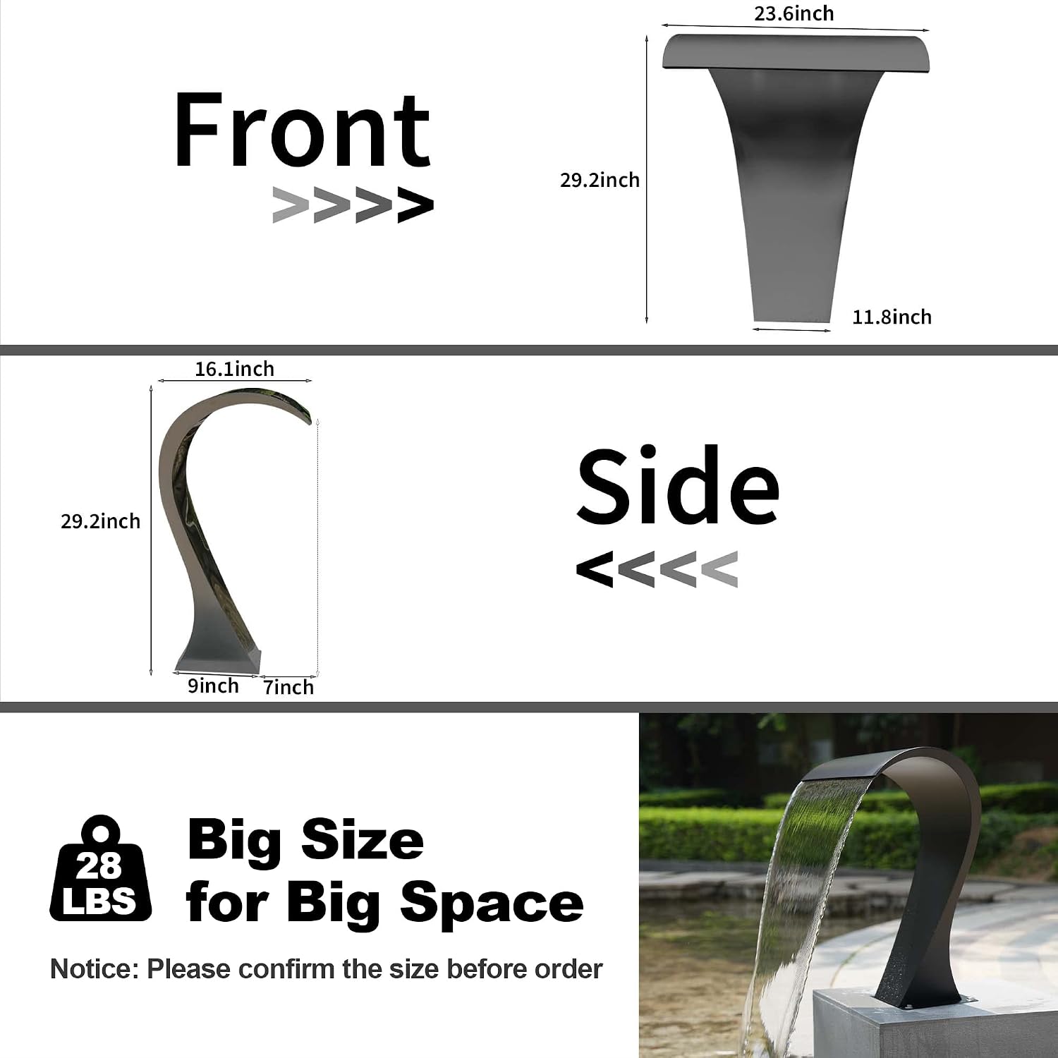 PONDO Swimming Pool & Garden Cobra Cascade Waterfall Spillway 304 Stainless Steel Fountain, Outdoor Spray Water Curtain for Pond, SPA, Garden Decor (Black Satin)
