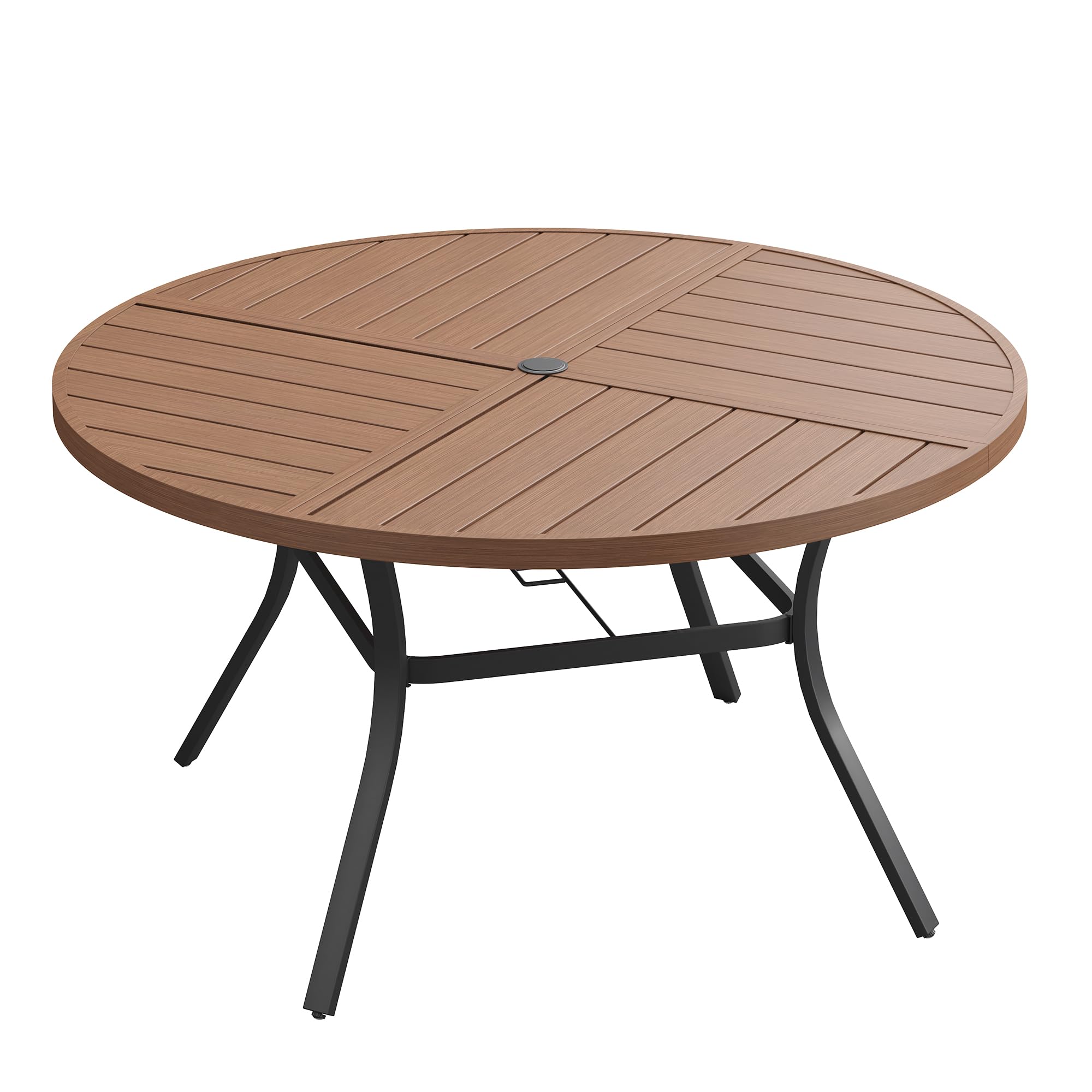 VICLLAX 53" Round Outdoor Table, Patio Dining Table for 8 with Umbrella Hole for Garden Lawn Deck Backyard, Walnut