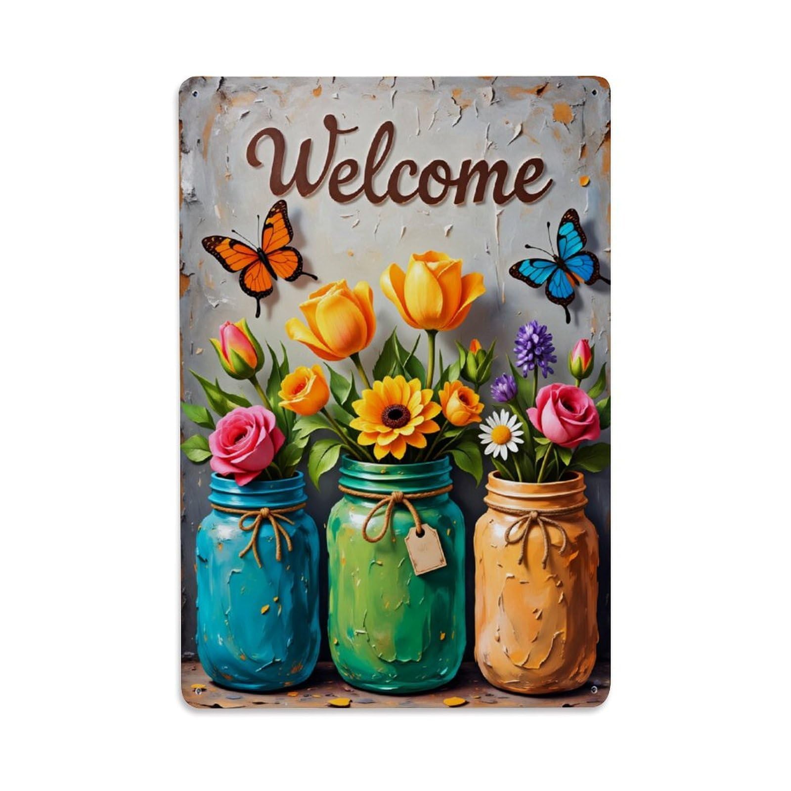 Enderetf Vintage Welcome Butterflies Flowers Jars Spring- Tin Sign Metal Poster, Home Bar Garage Man Cave Cafe Indoor & Outdoor Wall Decoration 8X12inches