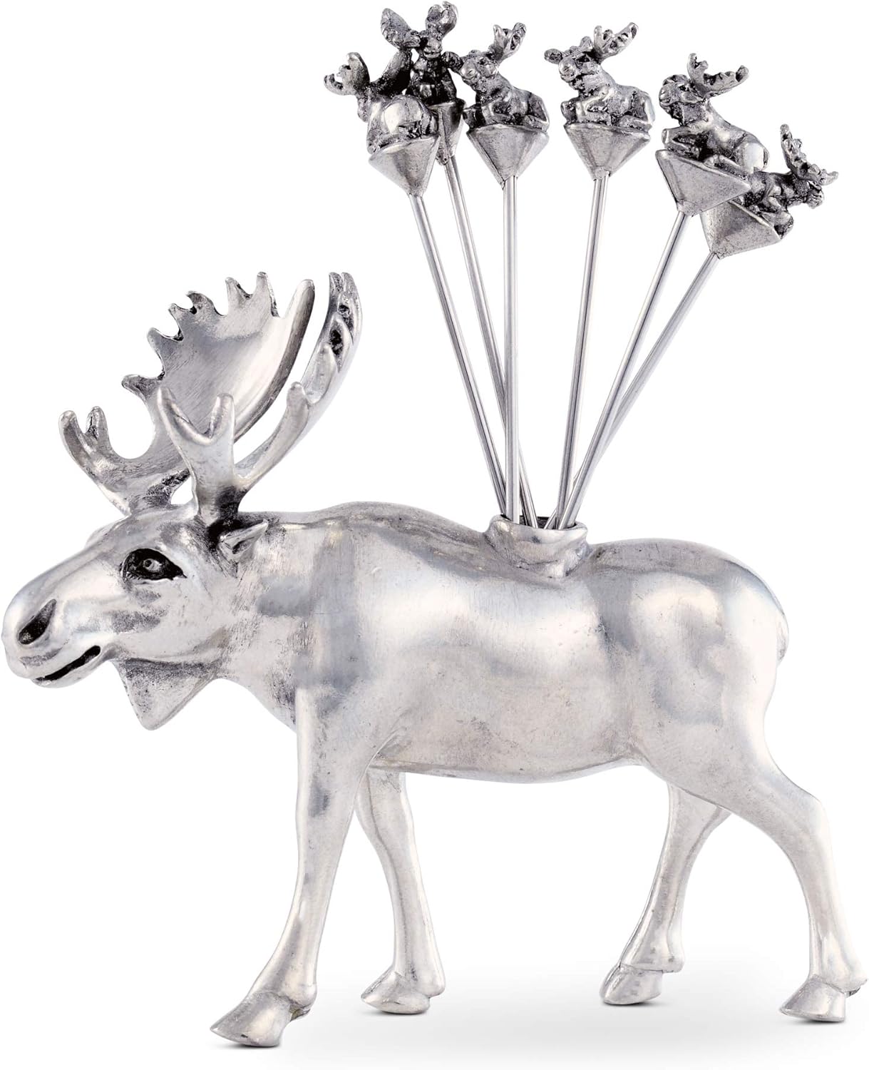 Vagabond House Moose Cheese Pick Set Artisan Designed Handcrafted for Cabin Lodge Entertaining Cheese Martini Olive Cocktail Stainless Steel Skewer Fruit Toothpicks (Set of 6 picks) 4.25 inch Tall