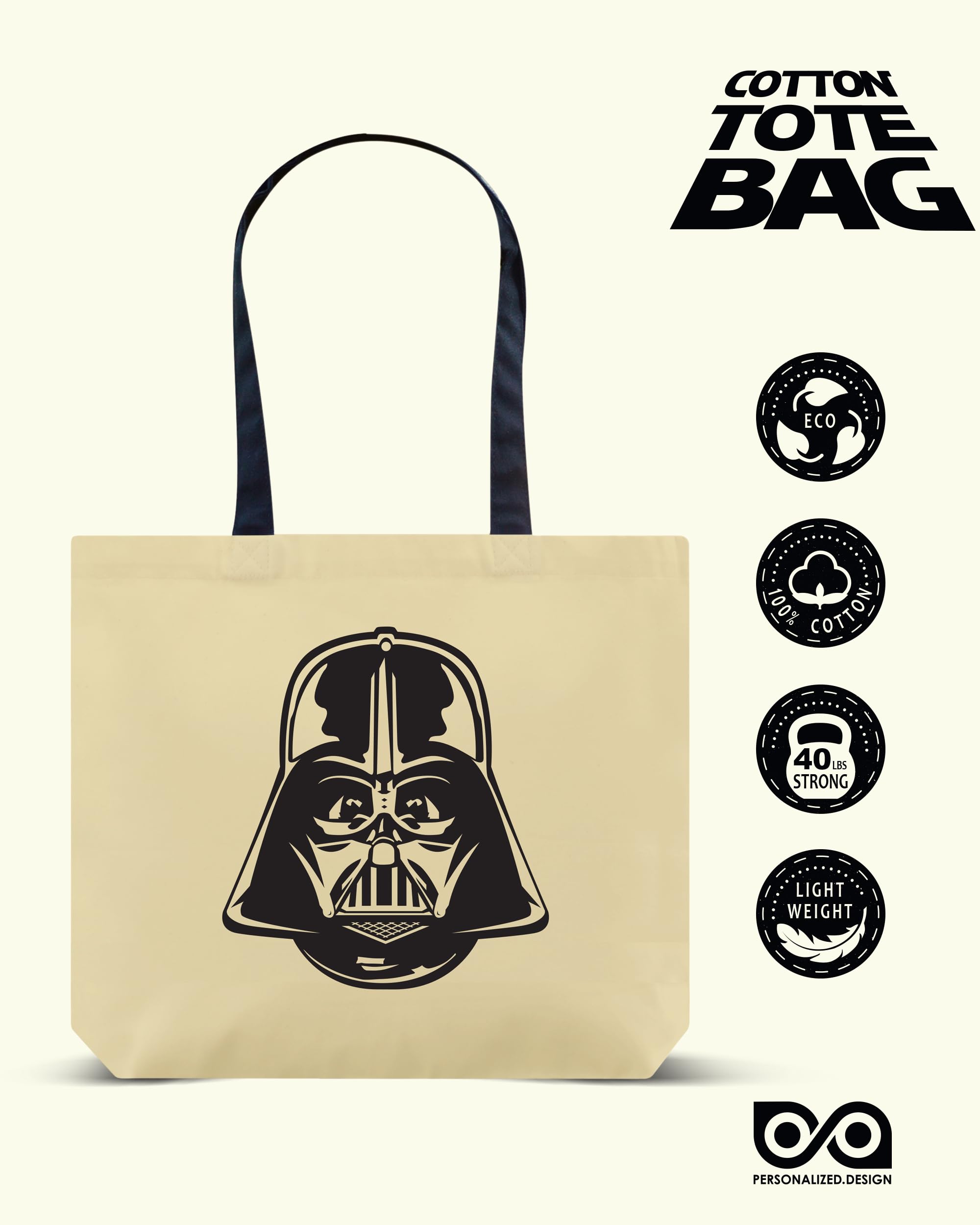 Personalized.Design Reusable Tote Bag Star Wars: Darth Vader - Cotton Canvas Large Shopping Shoulder Bag with Long Handles - Halloween Trick-or-Treat Bucket