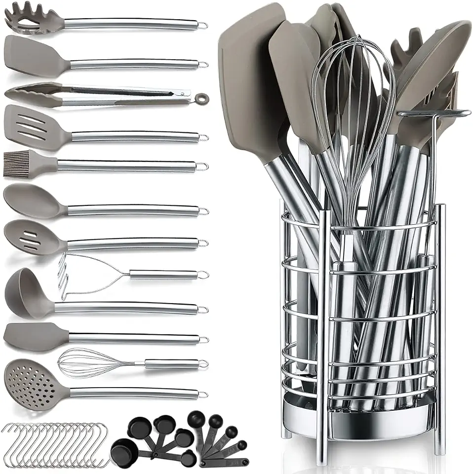 Gesund kochen - ohne Plastik und Aluminium 5 Berglander Küchenutensilien Set 38 teilig Antihaft Silikon Kochgeschirr Set, Küchenhelfer Set, Löffel Spachtel Set mit stabilem Edelstahl Utensilienhalter, spülmaschinenfest