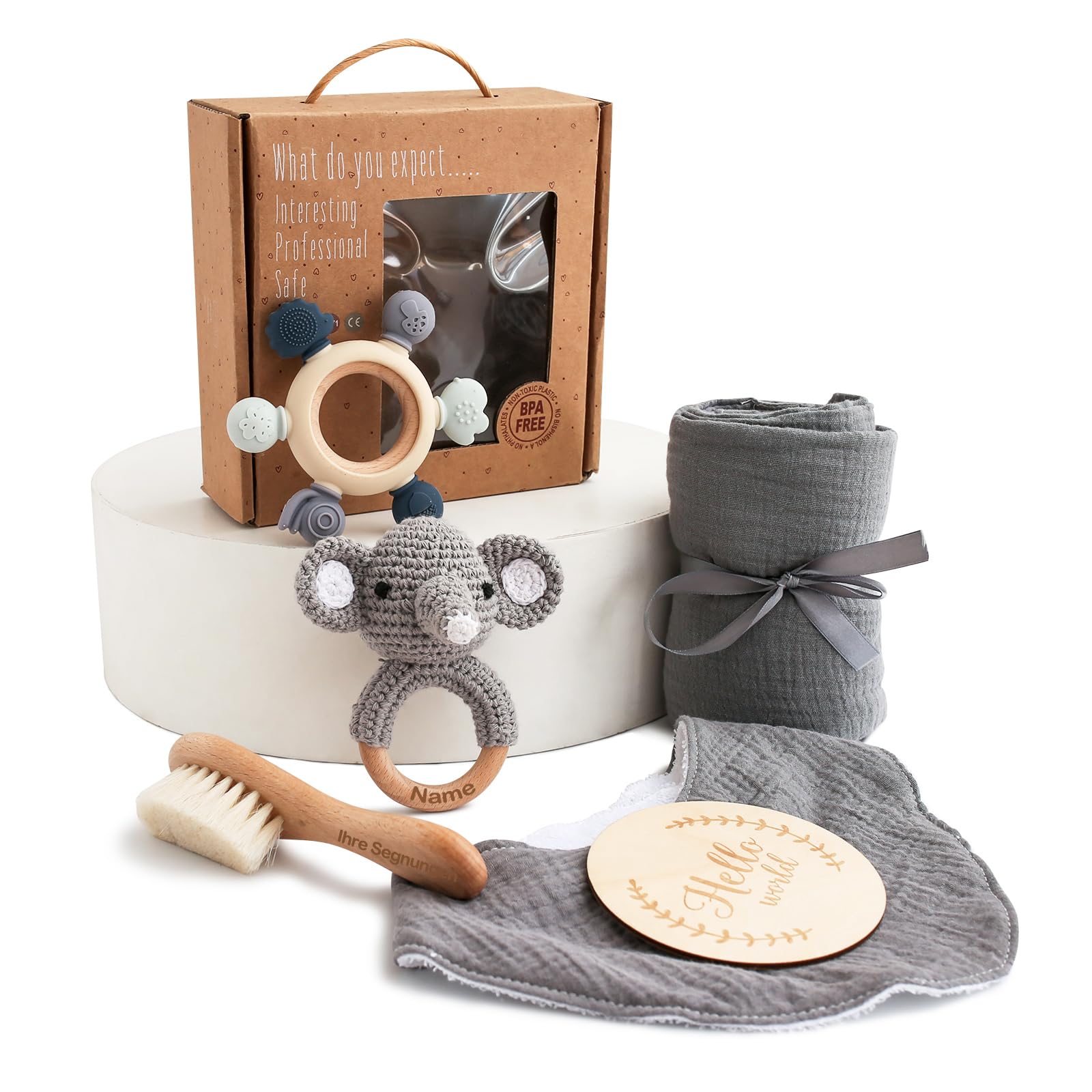 Regalo per bambine (può essere inciso e benedetto), regalo per neonati, regalo per nascita, baby shower, giocattoli in legno, asciugamano da bagno, pietra miliare, coperta per foto (elefanti)